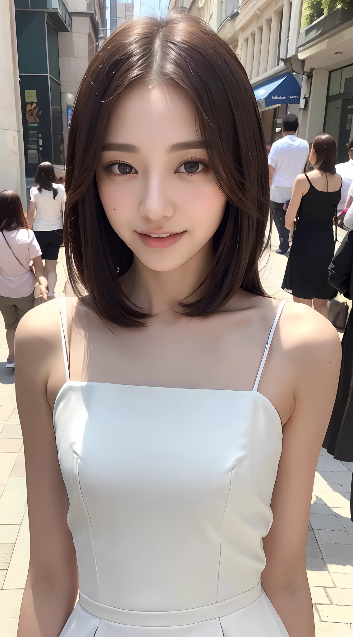 ((Best Quality, 8k, Masterpiece: 1.3)), 1 Girl, Smile Leaky Teeth, Full Body, Slim Face, Beautiful Woman, (Long Dark Brown Hair), White Long Dress :1.1, Super Detailed Face, Detailed Eyes, Double Eyelids, Blurred Background, Slim Face, City, Street,