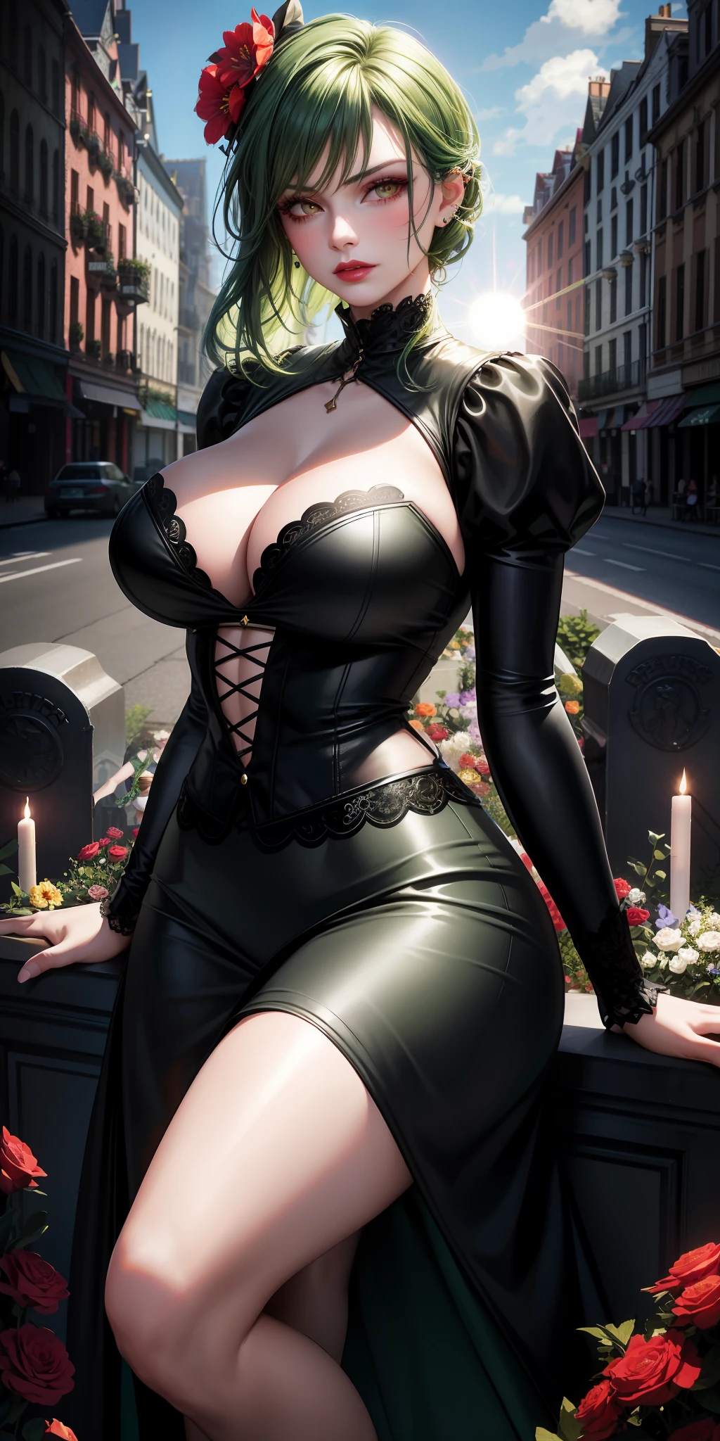 realistic, 2 women, 2 women, 1 woman (GREEN hair), 1 woman (BLACK hair), red eyes, bright eyes, cropped top, skirt, lips parted, blush, night, flowers, sun, sunlight, full breasts, large breasts, spontaneous poses, confident look, graveyard, gothic girl, gothic, victorian, (PERFECT HANDS), perfect hands