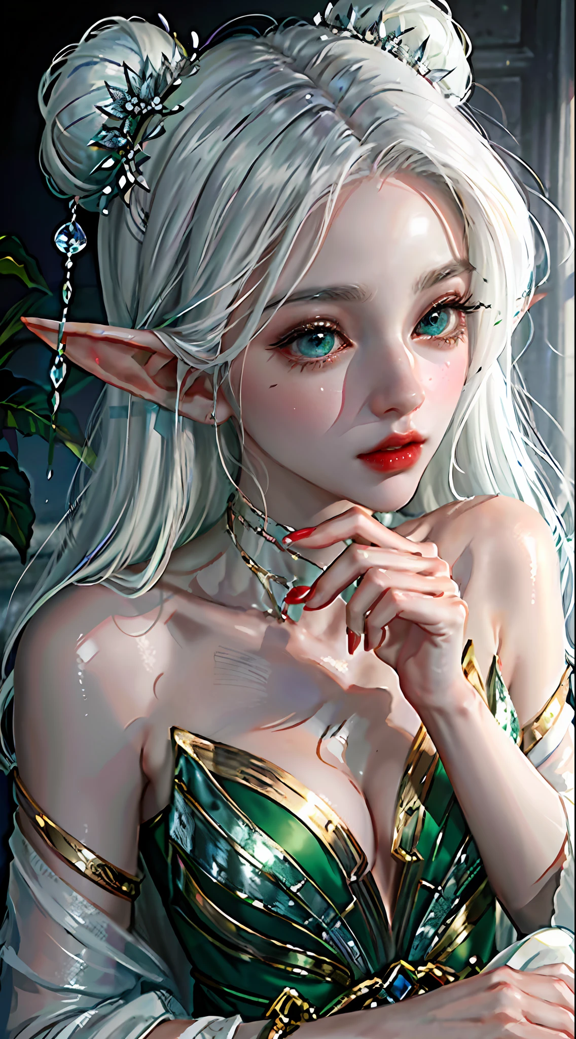 It is a breathtakingly close-up painting presented in digital art form. The painting depicts a beautiful and elegant female elf with white hair, anime girl with white hair and green eyes with white dress, elf character with a giggle, beautiful and elegant female elf, very beautiful portrait of a fairy, she is full of fairy. With long ears and a cute and charming appearance, the female elf has white skin like jade, exuding an extraordinary temperament that gives people a surreal feeling. The work presents extreme realism and is as captivating as a cute porcelain doll.