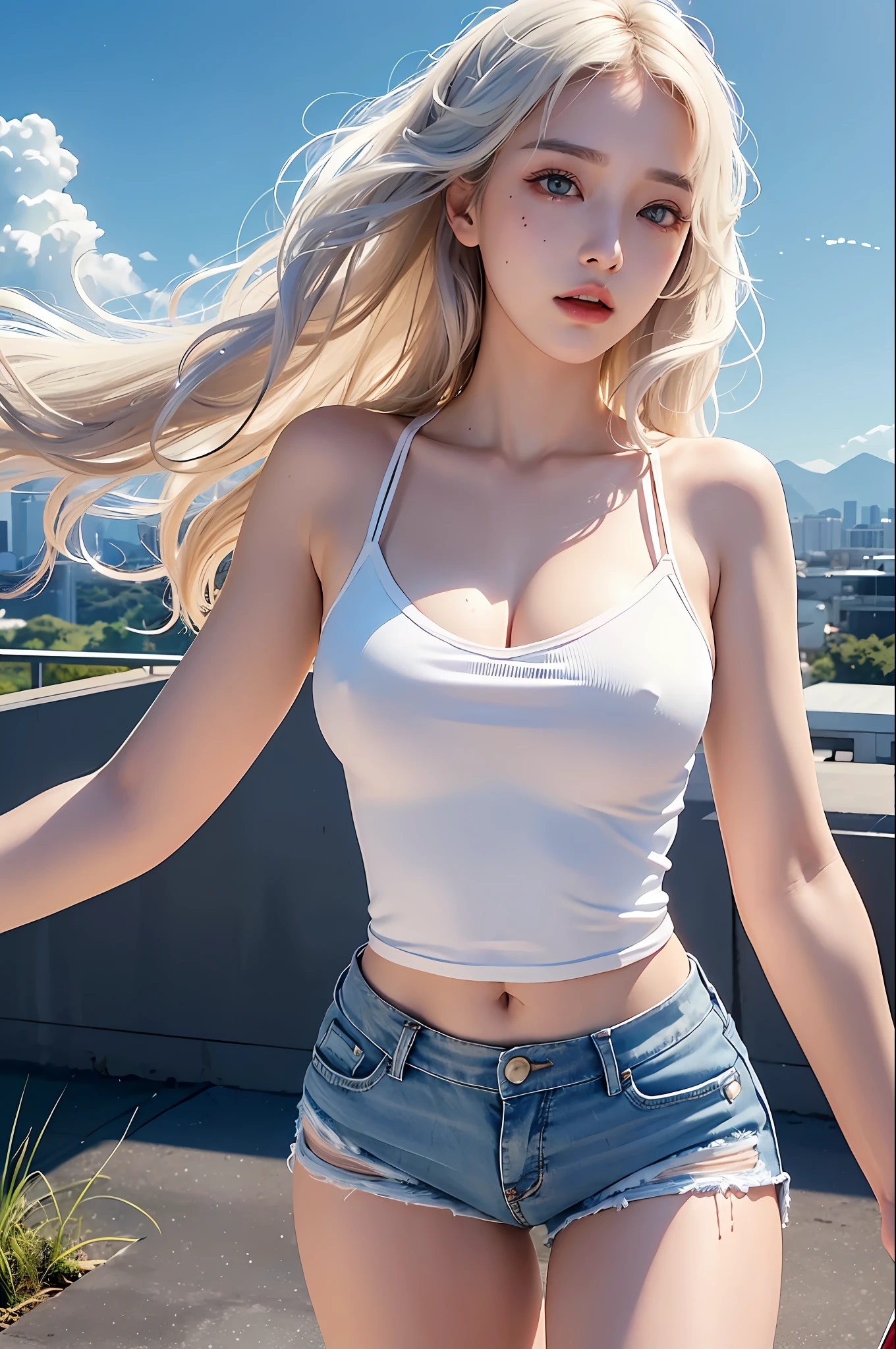 (beautiful skyline, magnificent sky), (great tension and dramatic graphics, moving visuals), (high hanging north star, colorful natural light), realistic, high resolution, 1 girl, white wavy hair, Korean, heterochromic eyes, small moles under the eyes, loose white shirt, skinny denim shorts, big breasts, thighs,