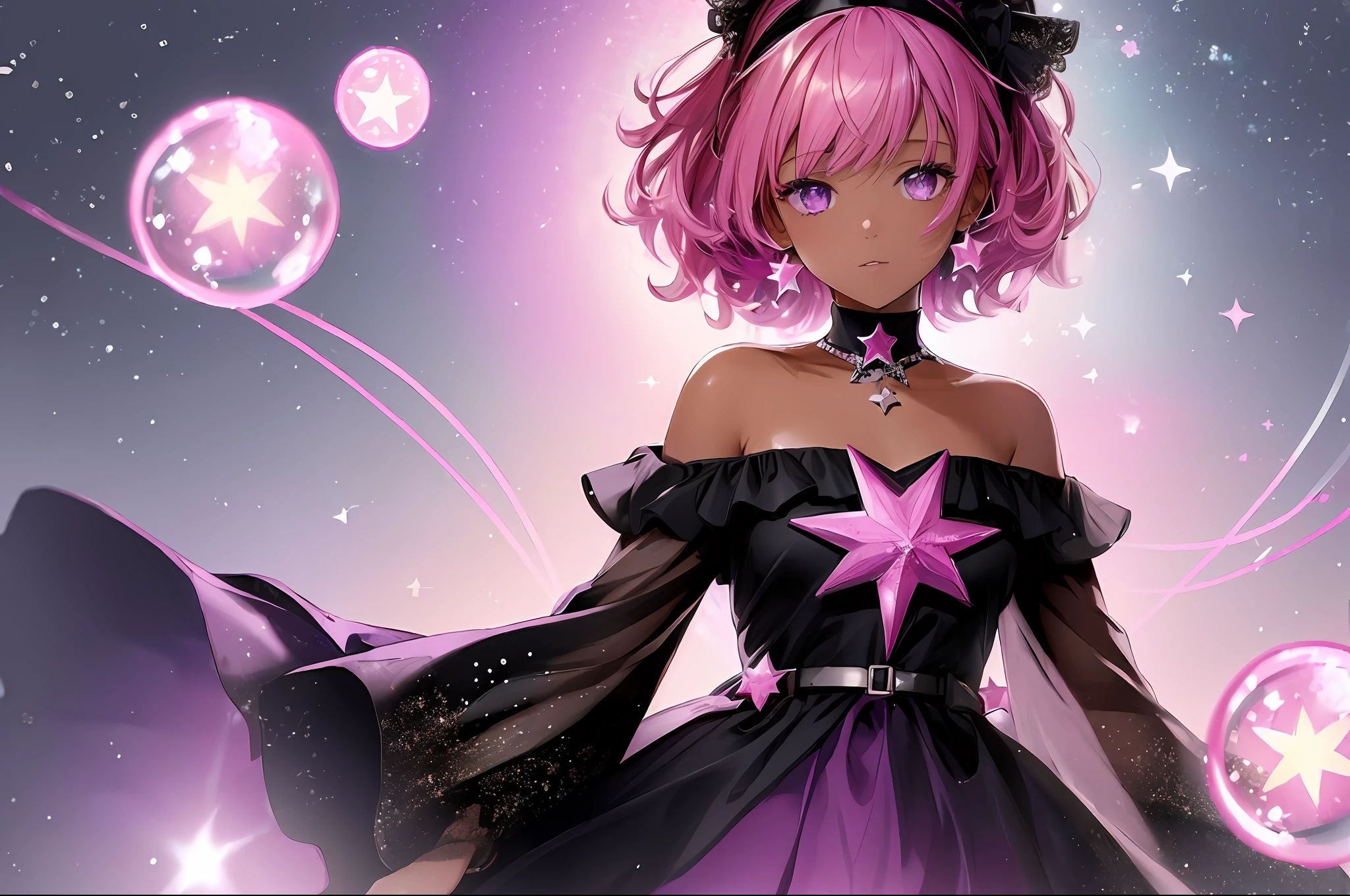 (high quality masterpiece:1.5), 1girl, black dark-skinned, pink hair, glitter, stars, bubble, violet eyes