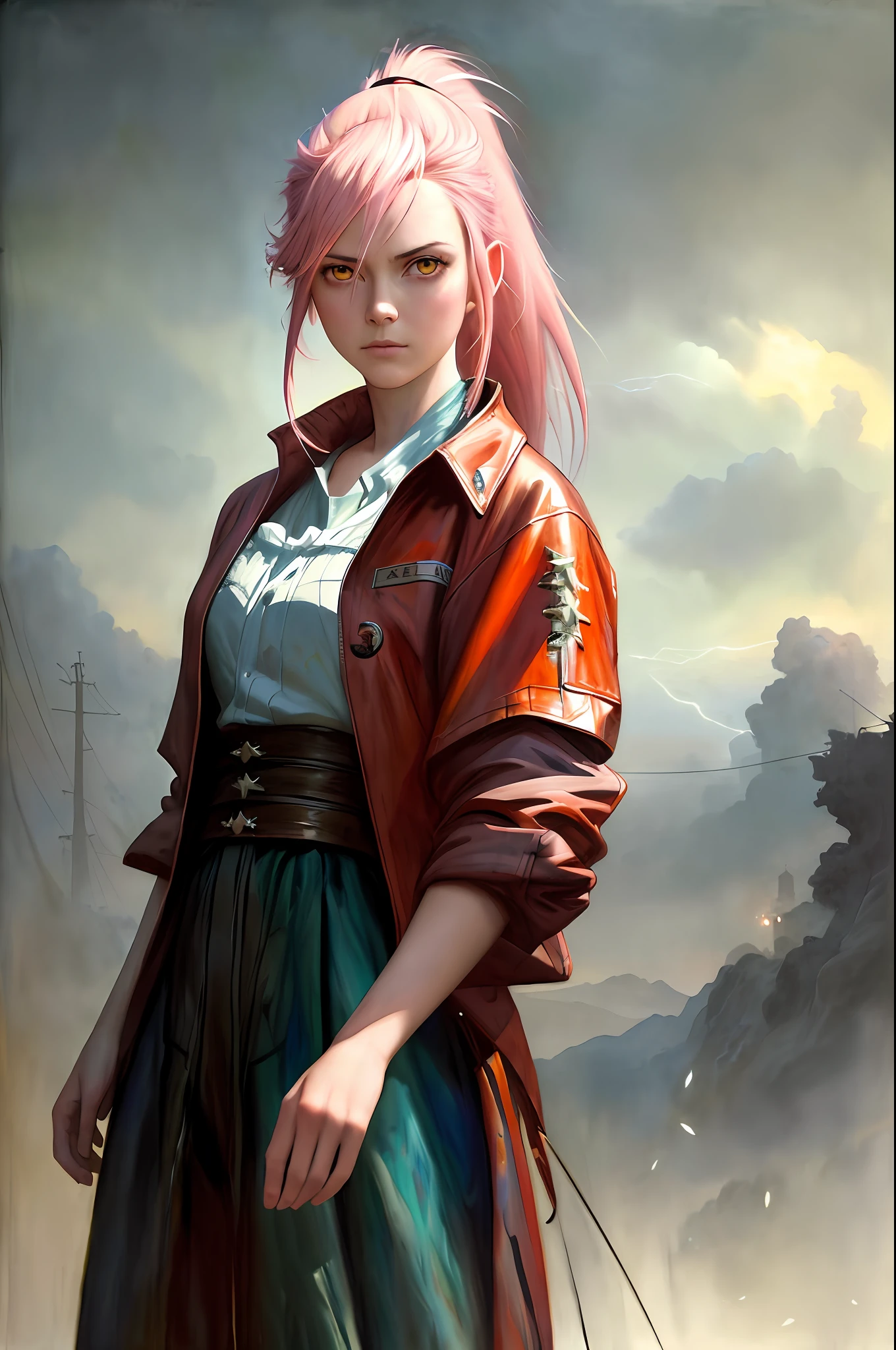 (masterpiece), anime, (photo_\(medium\):1.0), by Antonio J. Manzanedo, by Jeremy Lipking, 1girl, lightning, in a surreal landscape, painting style with watercolor, brushstrokes, unbuttoned, orange eyes, ponytail, pink hair, cyberpunk, japanese clothes