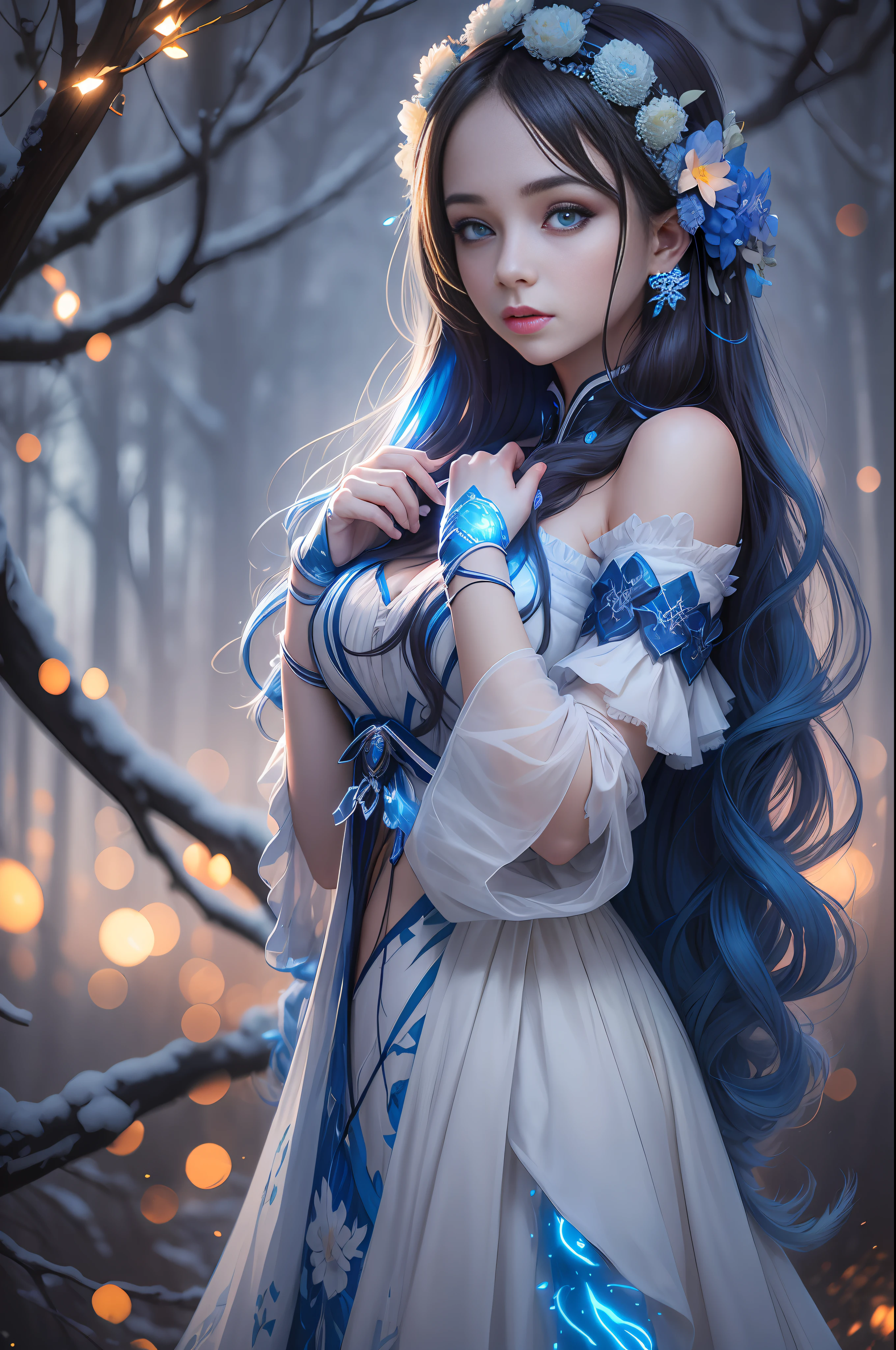 Beautiful Young Woman covered with tree branches , bright blue white glowing heart visible from human, Night time , colorful, photography hyperdetailed cinematic lighting hdr, softbox lighting, extreme detail --auto --s2