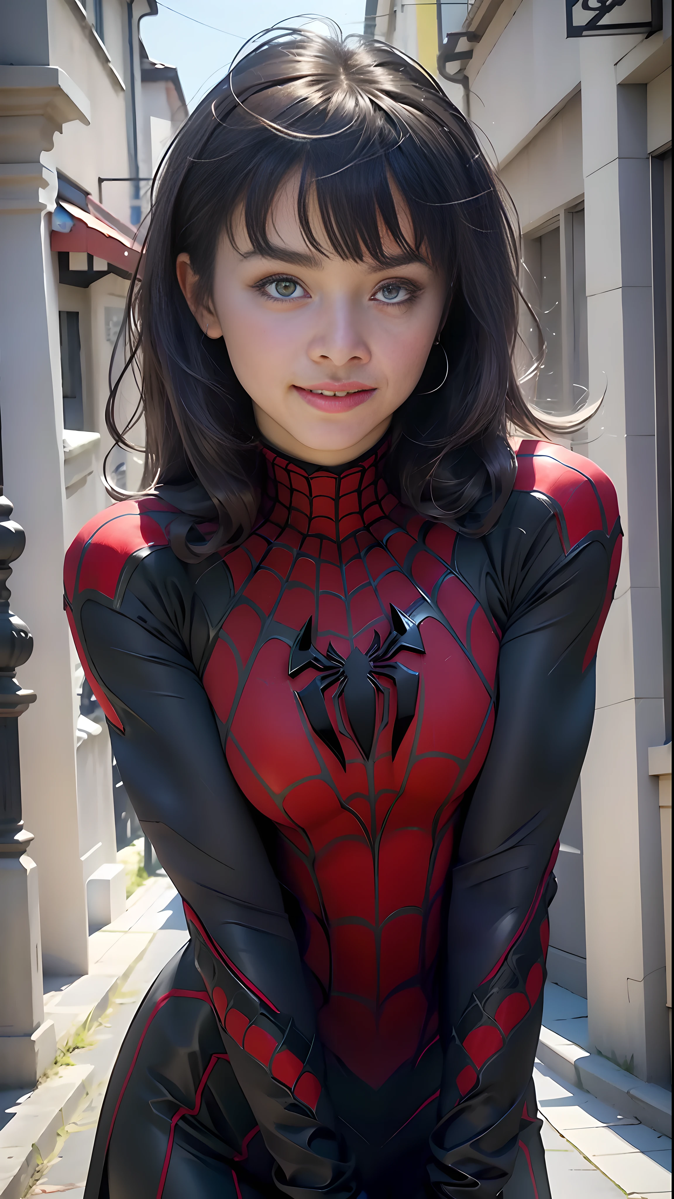 Schöne Frau detailliert definierter Körper mit Spider-Man-Cosplay, kleine Brüste, asymmetrical hair, messy hair, parted bangs, light smile, annoyed, Hyperrealism, cinematic lighting, Fujicolor, social media composition, perspective, Eye-Level Shot, Canon, UHD, masterpiece, high quality, award winning, best quality, highres