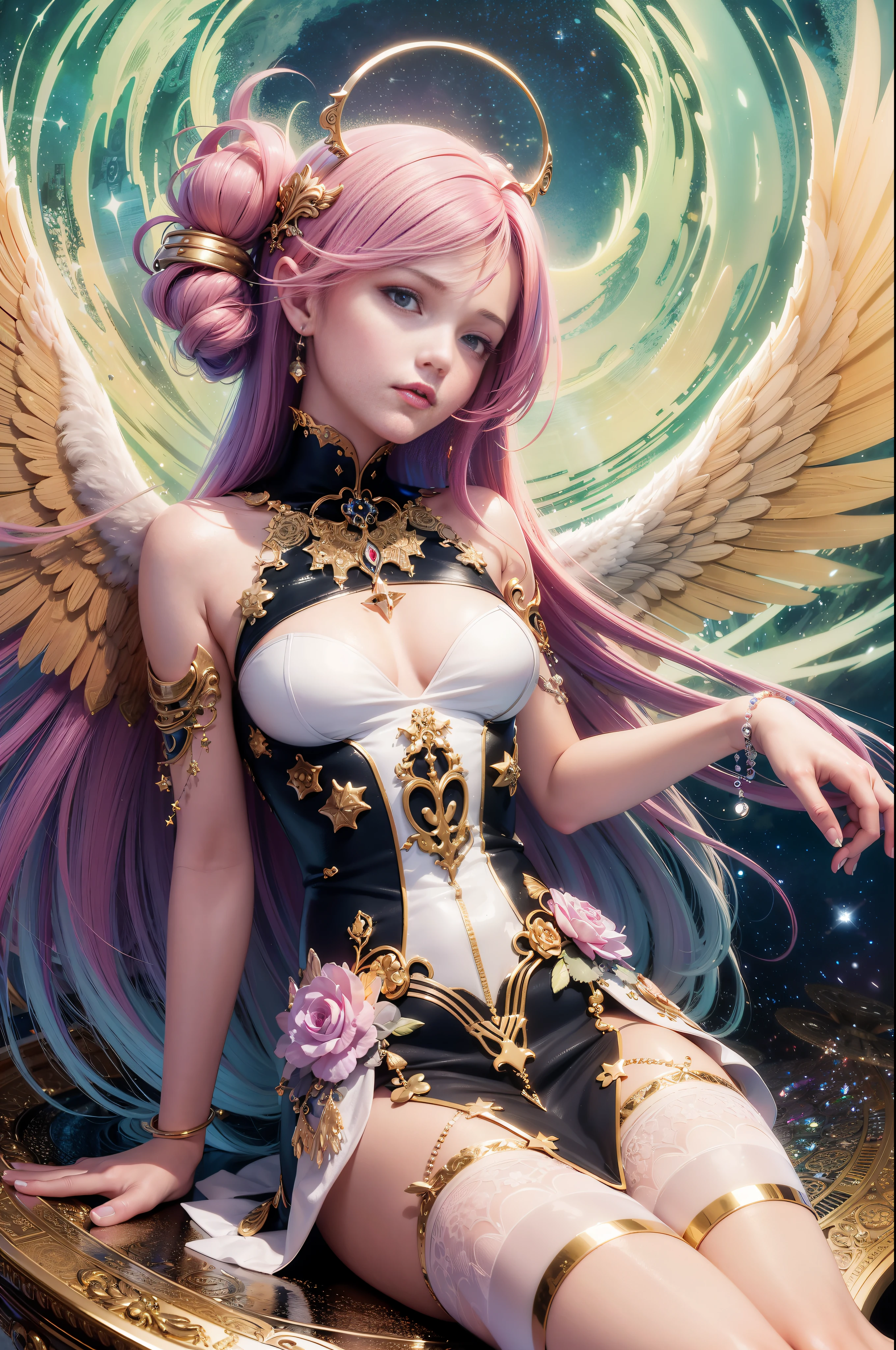 Film still, Fashion Photography, digital art, raytraicing, 3D surrealistic. Breathtaking Beautiful young female Angel dressed with a Angelpunk outfit, relaxed sitting on a fluffy cloud, floating in the middle of a vortex of floating Spiral Galaxy and golden stars and small fluffy clouds. Brilliant colors, Lumitronic effect, Zentangle Effect, Vaporwave effect, by Julie Dillon and David Alabo, colourful hair, realistic skin texture, photo realistic, Low saturation, masterpiece, global illumination, --auto --s2