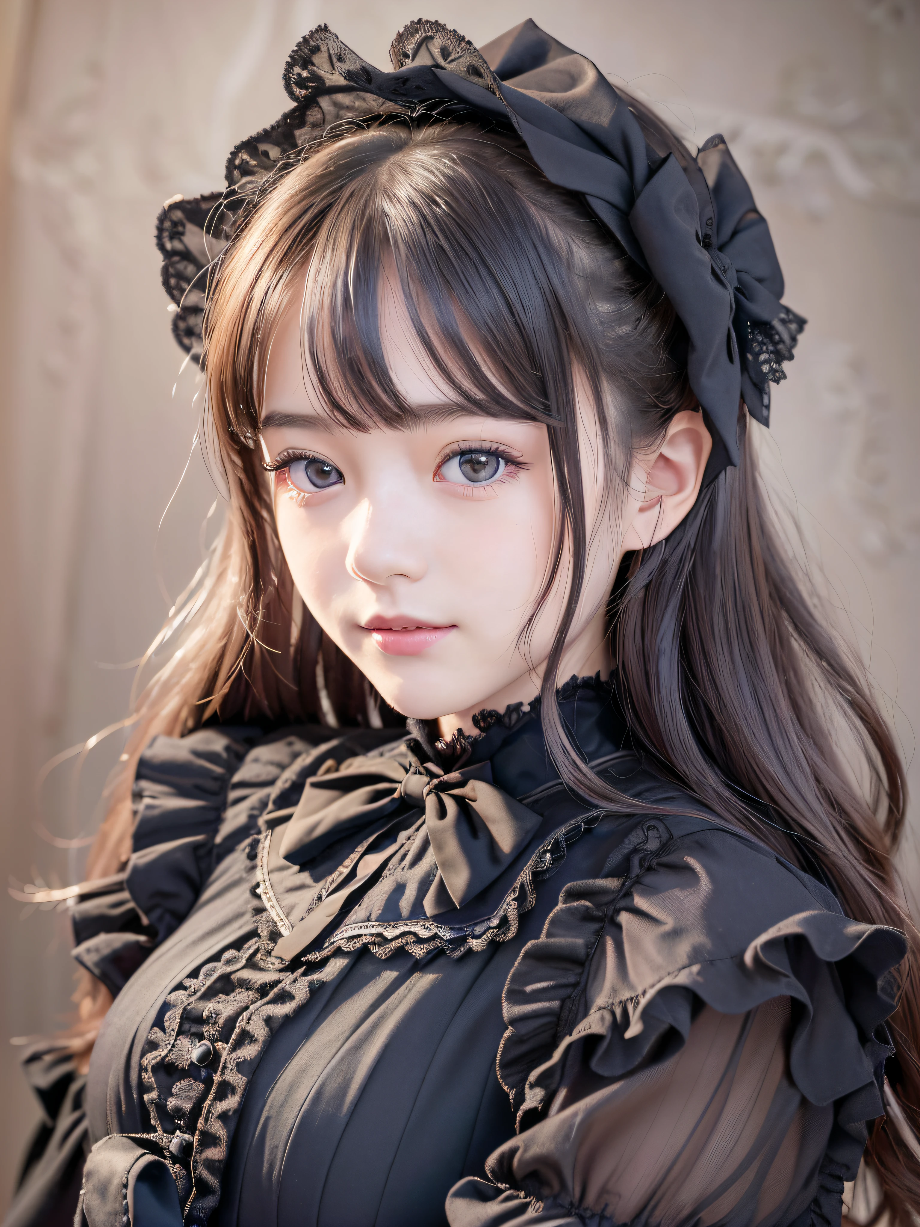 1 nogizaka girl, utterly cute, bishojo, yo, (gothic lolita fashion), an exquisitely detailed and beautiful face and eyes and skin, detailed black shine hair, elegant frills, frilled tie, ribbon tie, rose hair accessory, (smile at the camera), (cowboy shot), (castle in europe), professional lighting, BREAK, (realistic, photo-realistic:1.37), 8k, (masterpiece), (best quality:1.4), (ultra high res:1.2), (RAW photo:1.2), (a dress with delicate lace, soft fabric, and a beautiful rose pattern), perfect anatomy, 4fingers and 1thumbs, ultra detailed background, (unity 8k wallpaper)