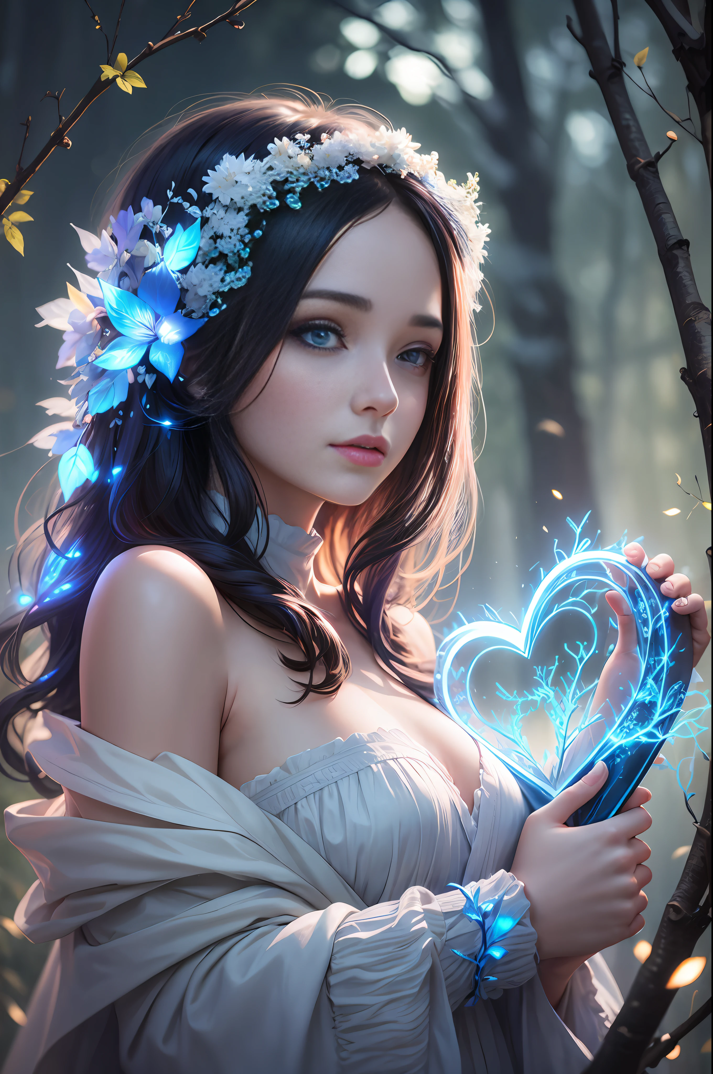 Beautiful Young Woman covered with tree branches , bright blue white glowing heart visible from human, Night time , colorful, photography hyperdetailed cinematic lighting hdr, softbox lighting, extreme detail --auto --s2