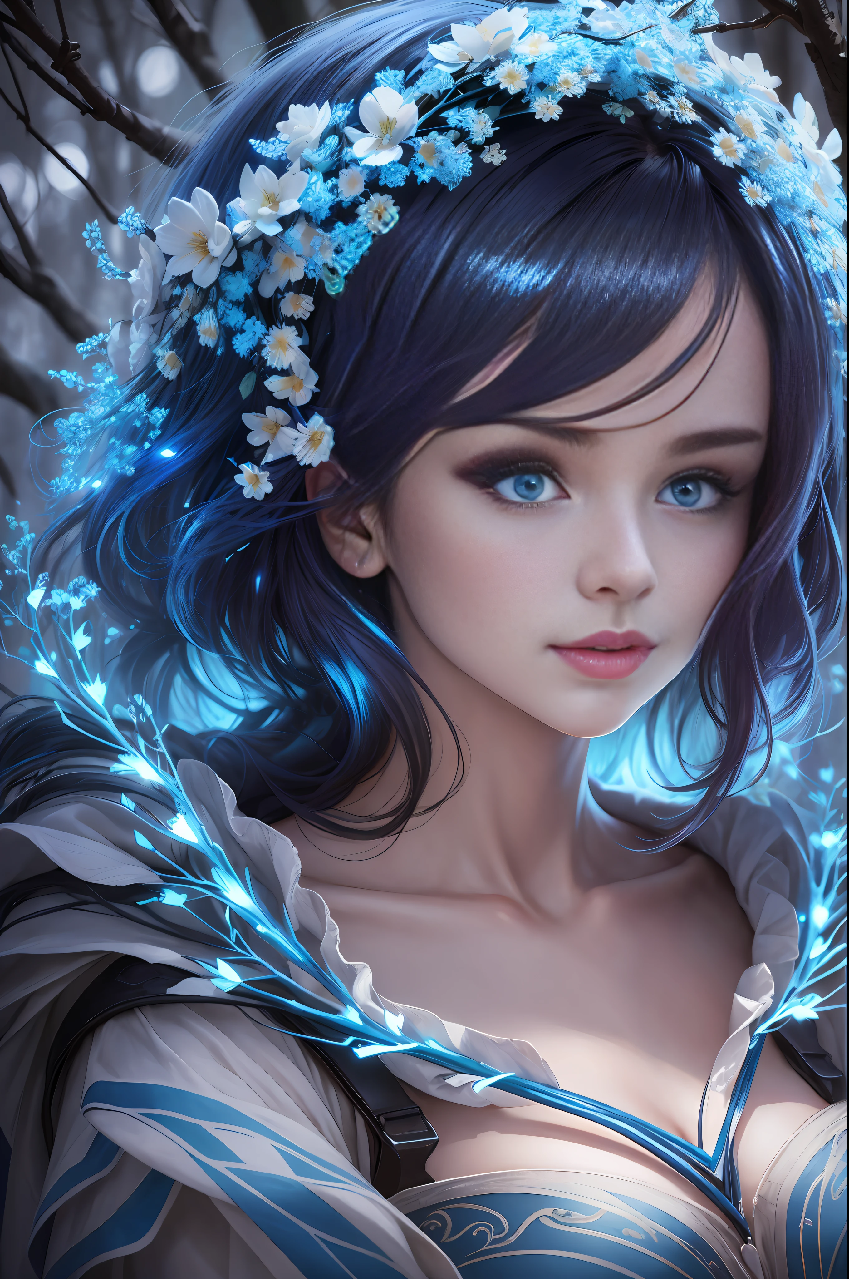 Beautiful Young Woman covered with tree branches , bright blue white glowing heart visible from human, Night time , colorful, photography hyperdetailed cinematic lighting hdr, softbox lighting, extreme detail --auto --s2
