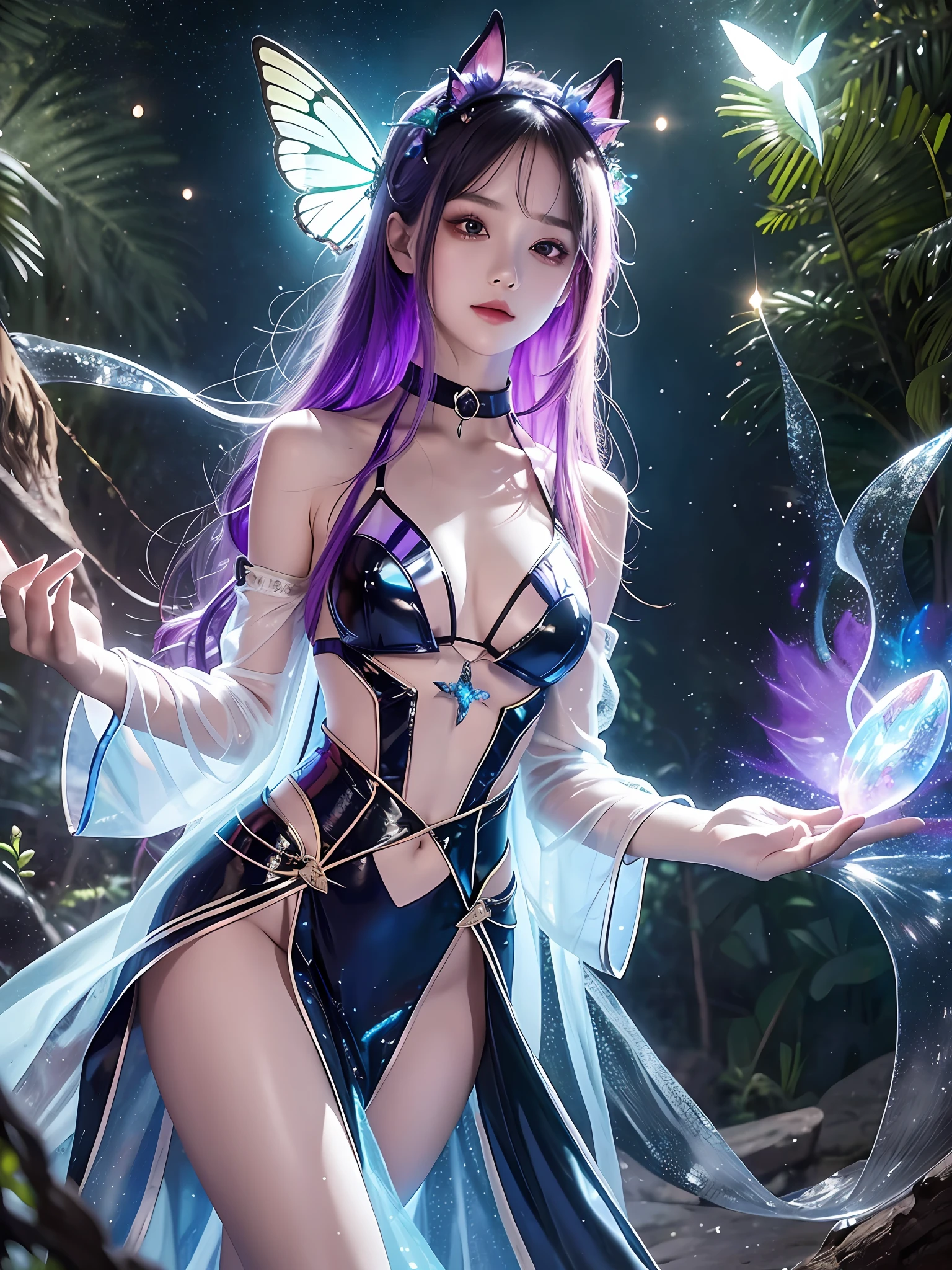 The most beautiful sexy full-shot body photo in the world, cinematic light, fantasy, highest quality, super detail, highest quality, masterpiece, (detailed face), sexy goth girl in bikini (torn) full body (transparent galaxy) cloth coat, floating cloth, choker, forest plants with glowing (Elder Under World Fantasy) neon details, open shoulders, Small glowing butterfly, (focus on body: 1.25), night, small mutated animal on background, torn miniskirt, waist potion, shoulder pads that emit magical energy, camel toe, dark, light reflection