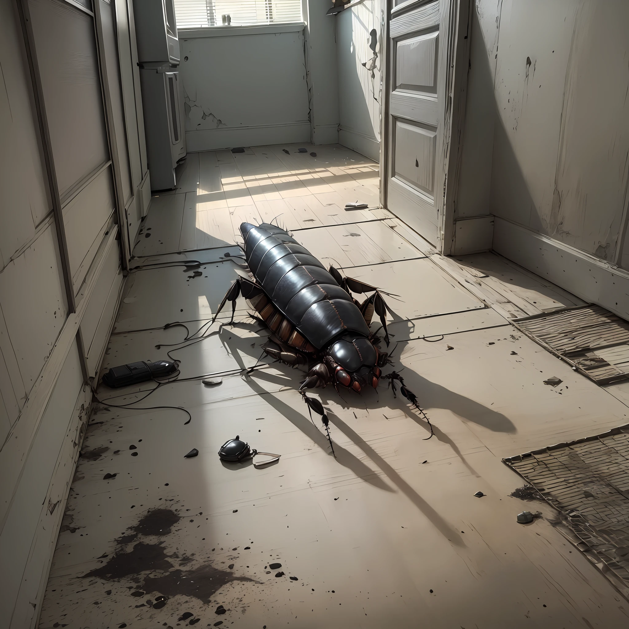 Man-cockroach on the floor from behind, in a small gray room with a lot of dust and cobwebs, atmosphere of suspense and horror, dramatic contrast of light and shadow, anguish in every corner, a disturbing perspective. --auto --s2