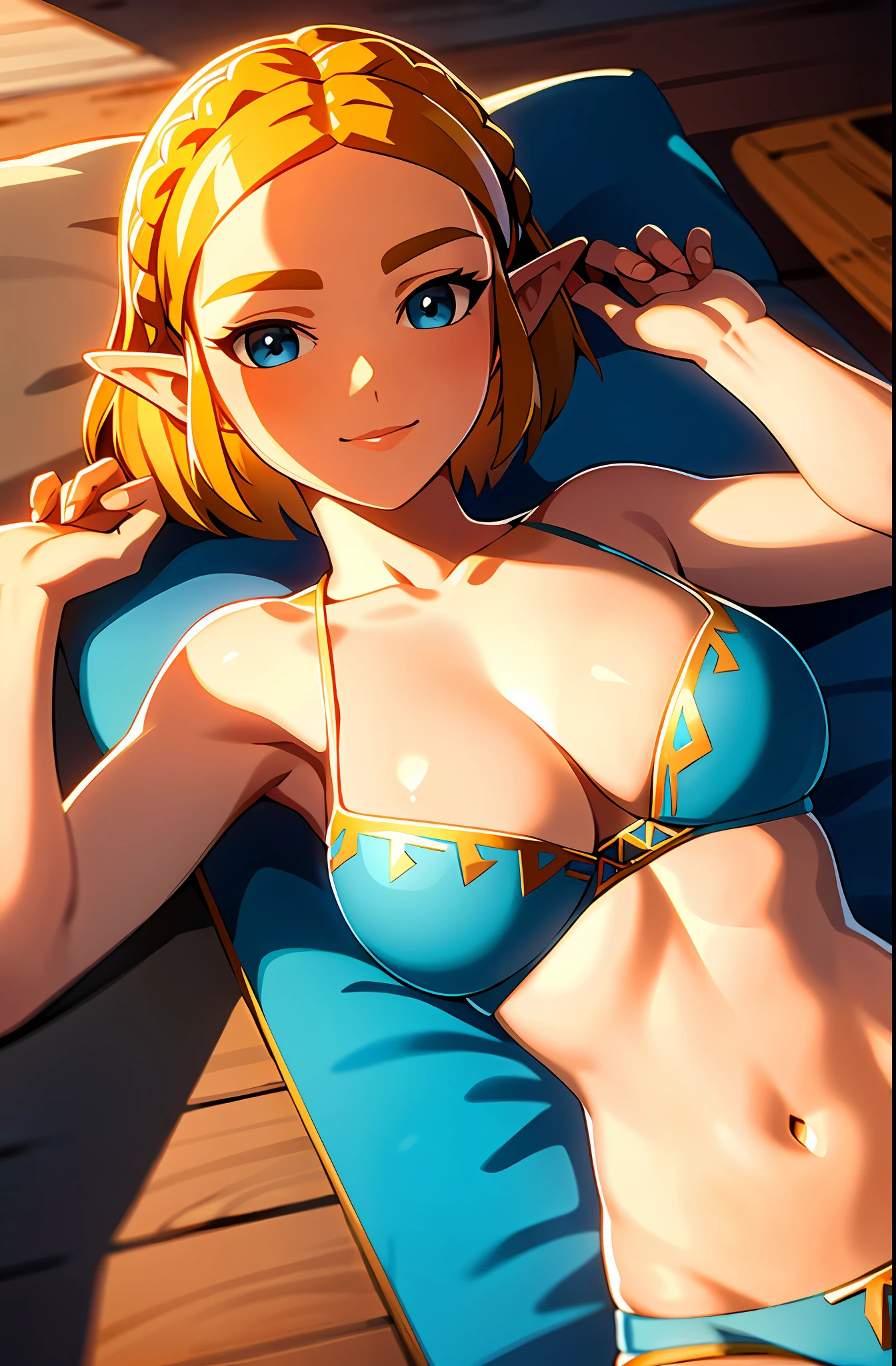 masterpiece,best quality,zelda\(princess\), 1girl, solo, large breasts,short_hair, cleavage, bare arms, sleeveless, bra, panties, topless, smile, lying down