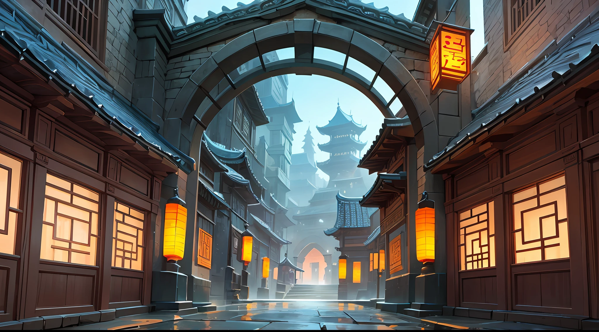 Ancient Chinese arch close-up, low building, night, dark tones, big perspective, looking up, fist game concept art, rossdraws, global lighting, ross tran. Landscape background, painting concept art, Ross Tran and Bayard Wu, painting as game concept art, League of Legends concept art, stylized concept art, Blizzard Hearthstone concept art, Overwatch sojourn, architectural details texture clear, perspective correct, ancient Chinese architecture