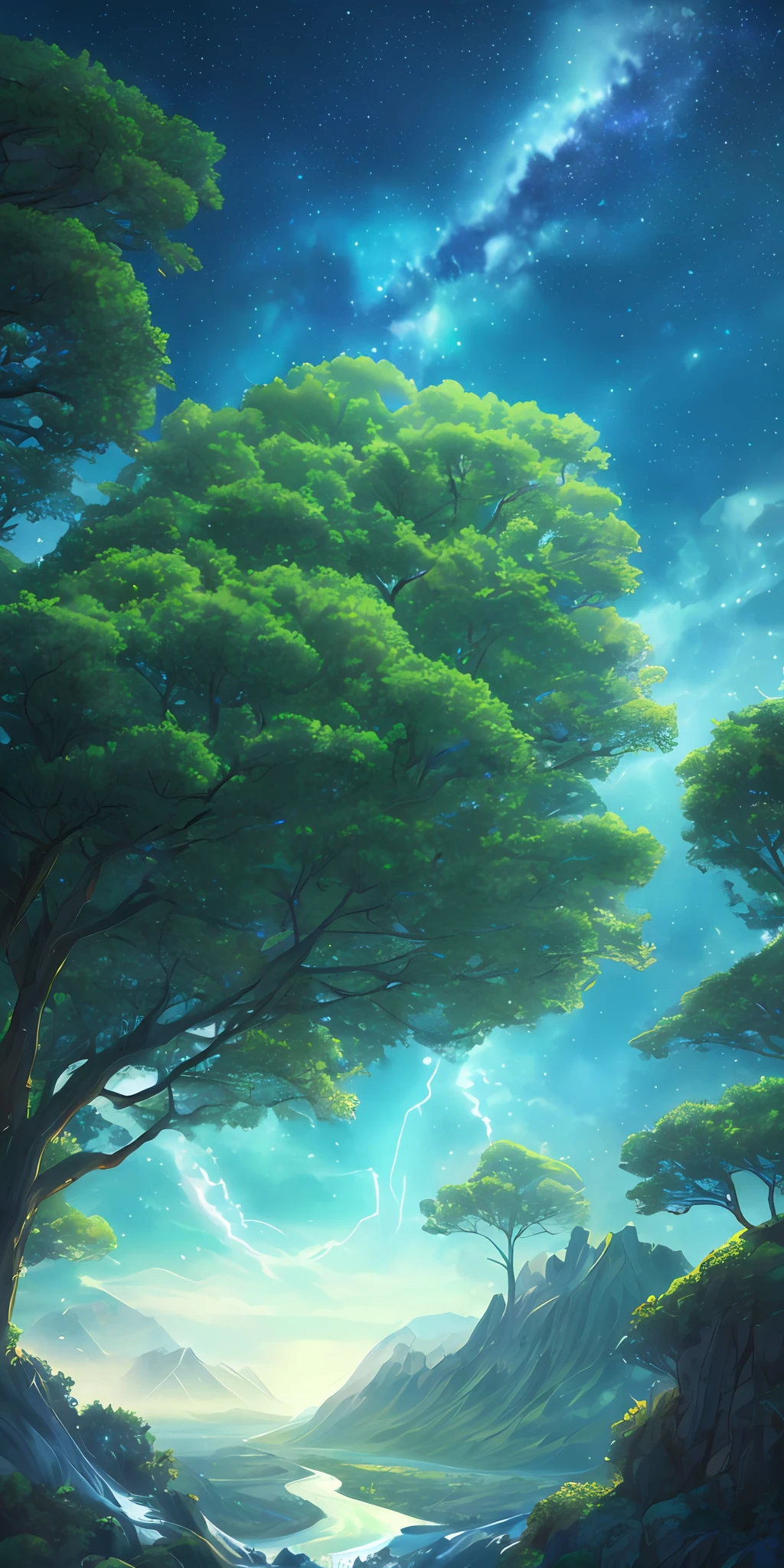 An illustration of a surreal, otherworldly, sur-sky scene including a huge crystal tree full body, very detailed and magical lights, intricate forest details, vegetation and surrounding rivers, solar punk, landscapes, giant trees, beautiful green leaves, beautiful lights and realistic proportions, as if it were a movie background, 8k, highest quality, masterpiece, clouds and stars in the sky, (((1 girl, sexy, cheongsam, full_body, bobo head, side-parted hair, blue eyes) )), dynamic poses, in comic book style, depicting a group of characters in various action scenes, from intense battles to relaxing moments, with dramatic speed lines and bold sound effects, capturing the excitement and energy of the story, mountains, starry sky, tall woods, masterpiece, aqua eyes, cinematic lighting, depth of field, moving diagram, UHD, anatomically correct, super detail, textured skin, high detail, best quality, 4K.