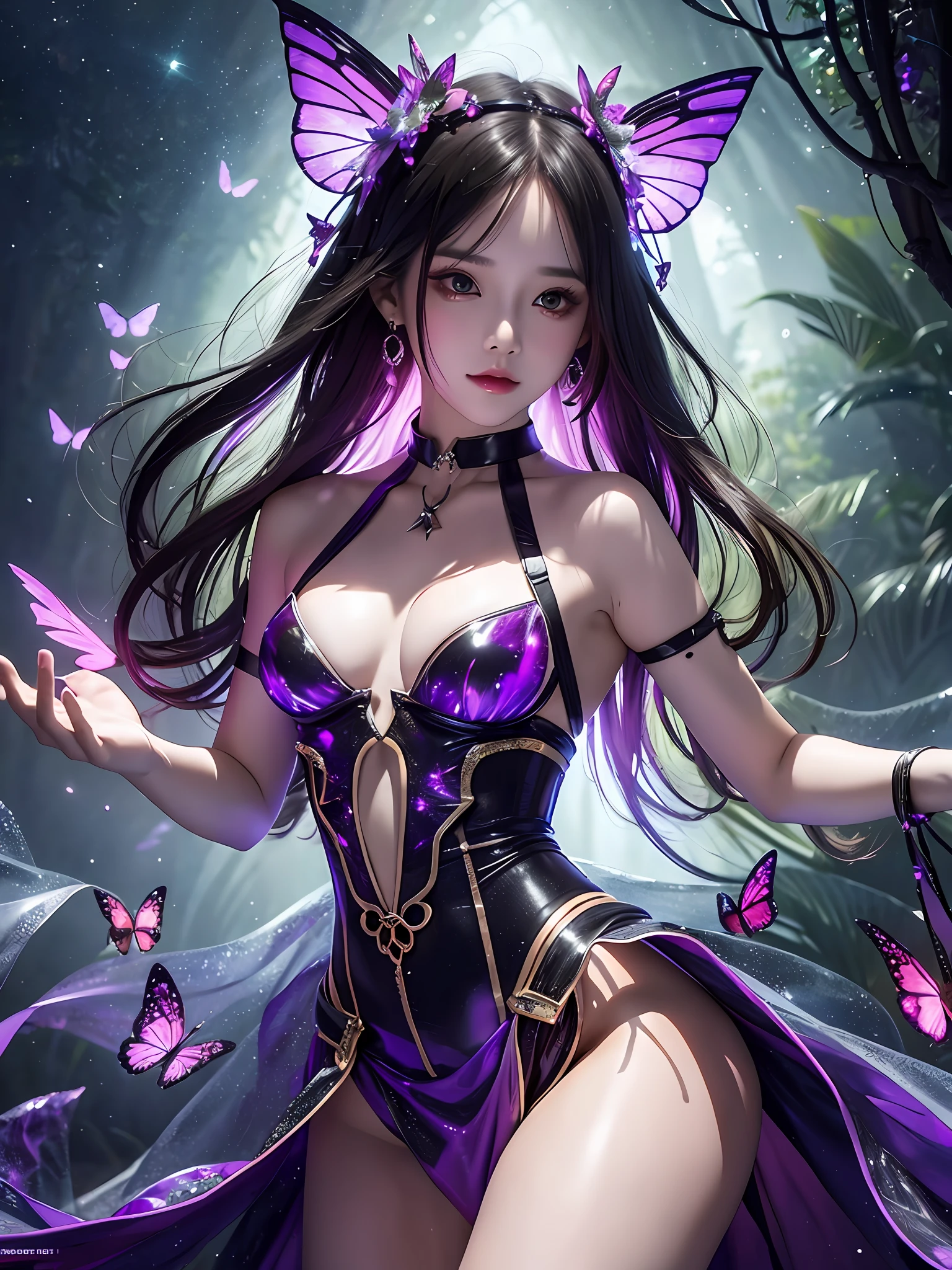 The most beautiful sexy full-shot body photo in the world, cinematic light, fantasy, highest quality, super detail, highest quality, masterpiece, (detailed face), sexy goth girl in bikini (torn) full body (transparent galaxy) cloth coat, floating cloth, choker, forest plants with glowing (Elder Under World Fantasy) neon details, open shoulders, Small glowing butterfly, (focus on body: 1.25), night, small mutated animal on background, torn miniskirt, waist potion, shoulder pads that emit magical energy, camel toe, dark, light reflection