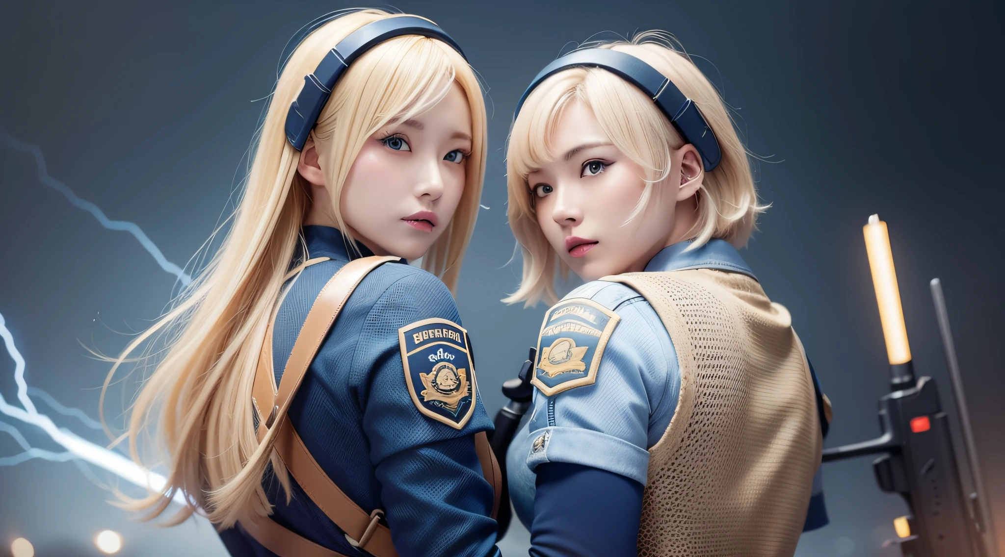 blonde,female,twenties,single,8k,scar on left cheek,electricity,equipment,short cut blonde,headgear,with gun,big ass,not illustration,fair skin,complex rendering super detail,best quality,live action,blue clothes,blue background,battlefield,fighting