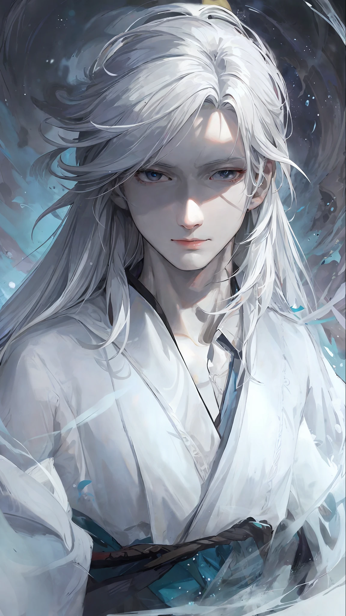 Close-up of a white-haired boy, beautiful character painting, Guviz, Guvitz-style artwork, white-haired god, Yang J, epic exquisite character art, amazing character art, Fan Qi, Wu Zhun Shifan, Gu Wiz in pixiv art station, clear and cold face,