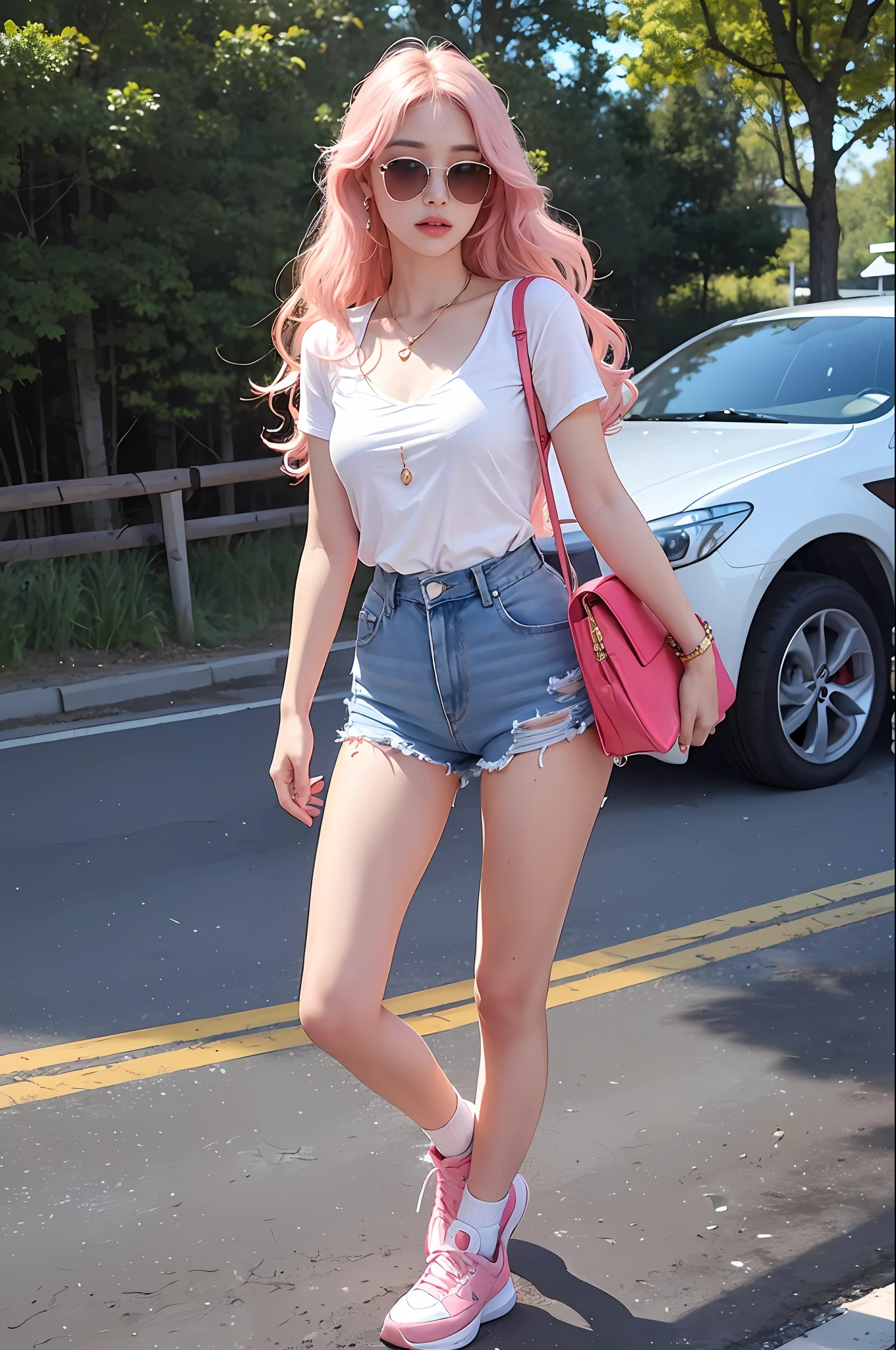 (beautiful and magnificent skyline, magnificent sky), (very tense and dramatic picture, moving visual effects), (hanging north star, colorful natural light), (masterpiece, top quality, best quality, realistic, high resolution, 1 girl, yellow wavy hair, Chinese, heterochromic eyes, small moles under the eyes, loose white shirt, skinny denim shorts, chest, thin legs, full legs, pink dress, red long dress, light blue sunglasses, gold piercings, colorful sneakers, watching the audience,