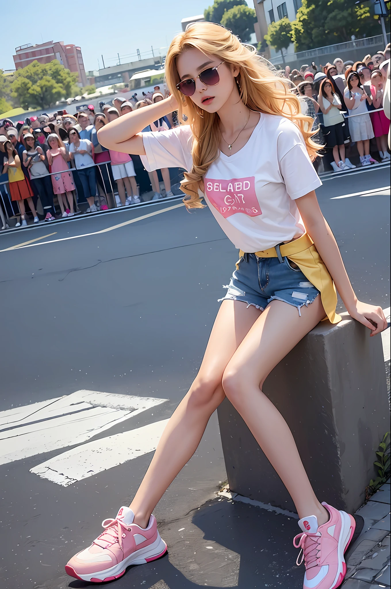 (beautiful and magnificent skyline, magnificent sky), (very tense and dramatic picture, moving visual effects), (hanging north star, colorful natural light), (masterpiece, top quality, best quality, realistic, high resolution, 1 girl, yellow wavy hair, Chinese, heterochromic eyes, small moles under the eyes, loose white shirt, skinny denim shorts, chest, thin legs, full legs, pink dress, red long dress, light blue sunglasses, gold piercings, colorful sneakers, watching the audience,