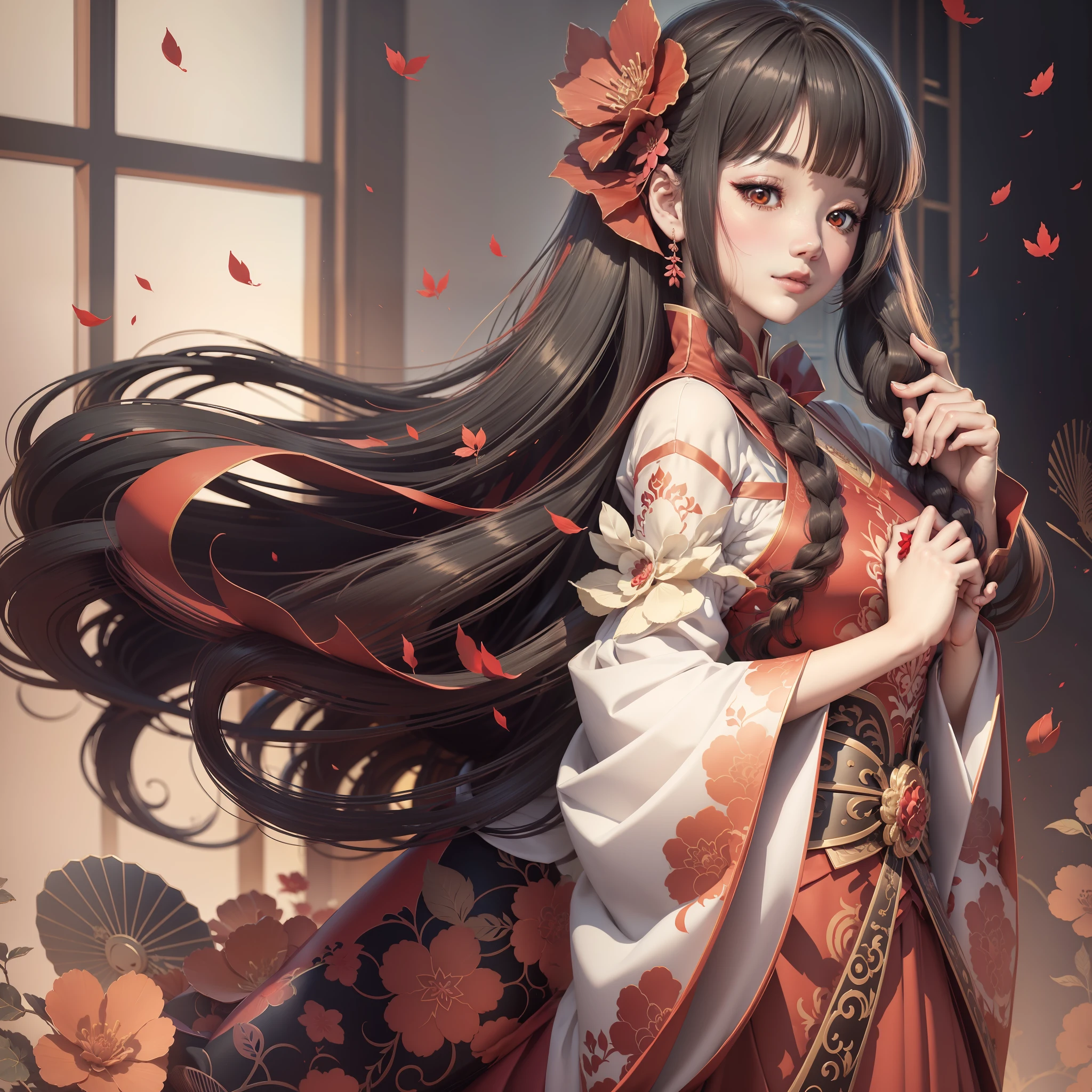 Anime girl with red flowers and red dress in hair, waist pinching pose, palace, hanfu girl, inspired by Ma Wonwoo, Korean Art Nouveau style anime, inspired by Puhua, digital anime illustration, Zhongyuan festival, anime style illustration, beautiful anime portrait, anime style portrait, beautiful artwork illustration, anime illustration, beautiful anime art style