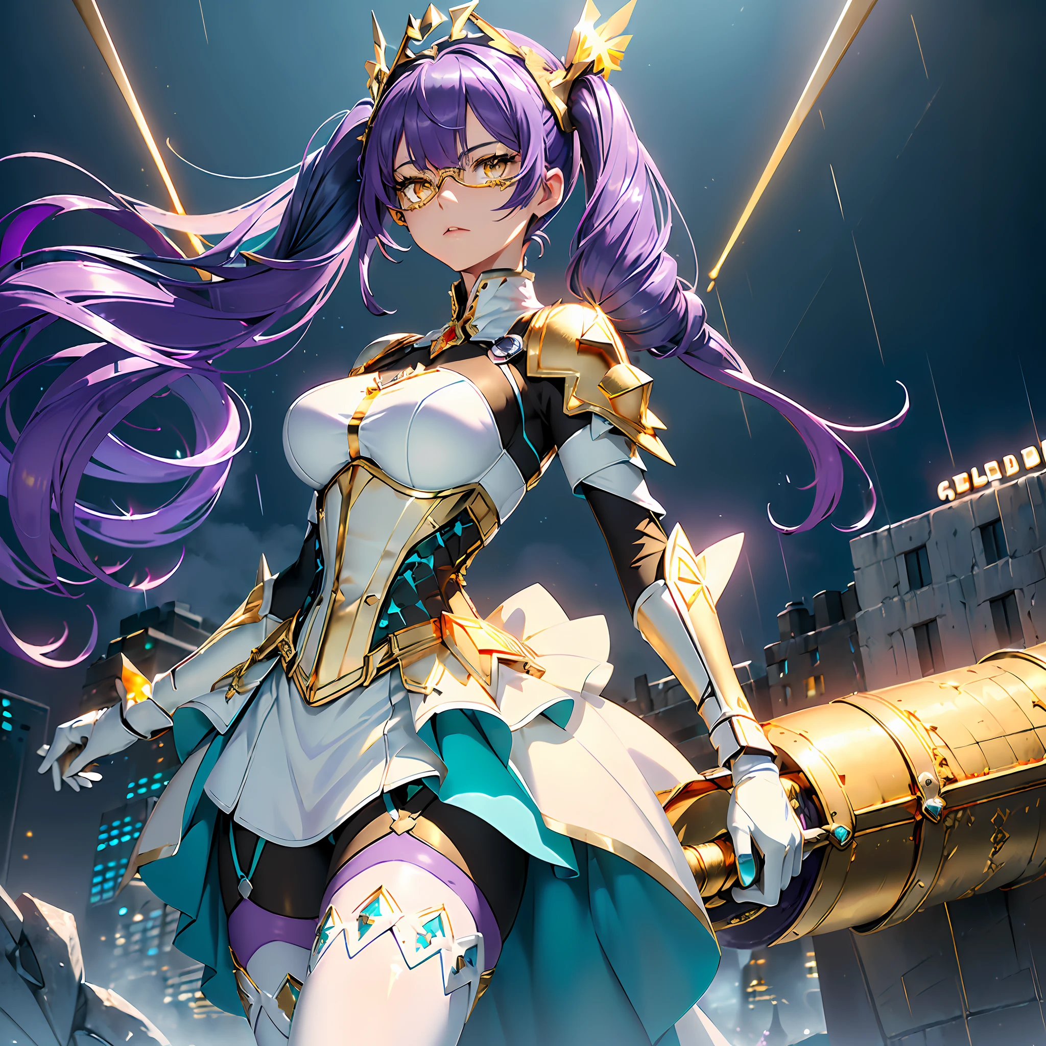 (((masterpiece))), (((best quality))), ((ultra-detailed)), (highly detailed CG illustration), ((an extremely delicate and beautiful)),(from side),cinematic light,((1mechanical girl)),({best quality}),(({best quality}),(Ultra Fine),(full detail),single girl,alone,19 years old,delicate youthful face,d_cup_breast,athletic_body,hourglass_figure,perspective,beautiful_face,high_quality_outfits,futuristic_outfits,silght_blush,full_body,full detail face,protective outfits,Honkai_Impact,sexy;

(Violet hair:1.5),indigo hair tips,violet (helix-shaped twintails:1.1),two long fin-shaped white and aqua headdresses,pointing upwards,fin-shaped,(white metal tiara around forehead);(golden_ eyes:2.00),holographic one-piece goggle glasses on eyes,aqua frame,aqua lens;one hexagon aqua locket on breast;

Futuristic battlesuit,exquisite outfits,armored battlesuit,Valkyrie,covering all body,fitting body curves,white armor streamlined shoulder pads,black long slender sleeves,ceramic mechanic white arm bracers with aqua trims,white bracelets,black gloves,white tanktop with aqua_colored traces,black armored corset,two glowing aqua buttons on corset,aqua zipper along corset,v-shaped white waistband with four gadget holsters,aqua waistband,(white armored dress,knee-length aqua edged hems),(,white and aqua-edged armor tassets),(white pantyhoses with aqua linings),aqua leg loop around left leg,silver waistband with gadget holsters,hexagon knee bracers;silver mechanic boots,heeled boots;

Rainy weather,night,clouds in background,heavy rain weather,raindrop on face,clear sky in backgroumd,floating in midair,overlooking city from midair,calm expression,vigilat gaze,stretching hands,standing,looking forwards