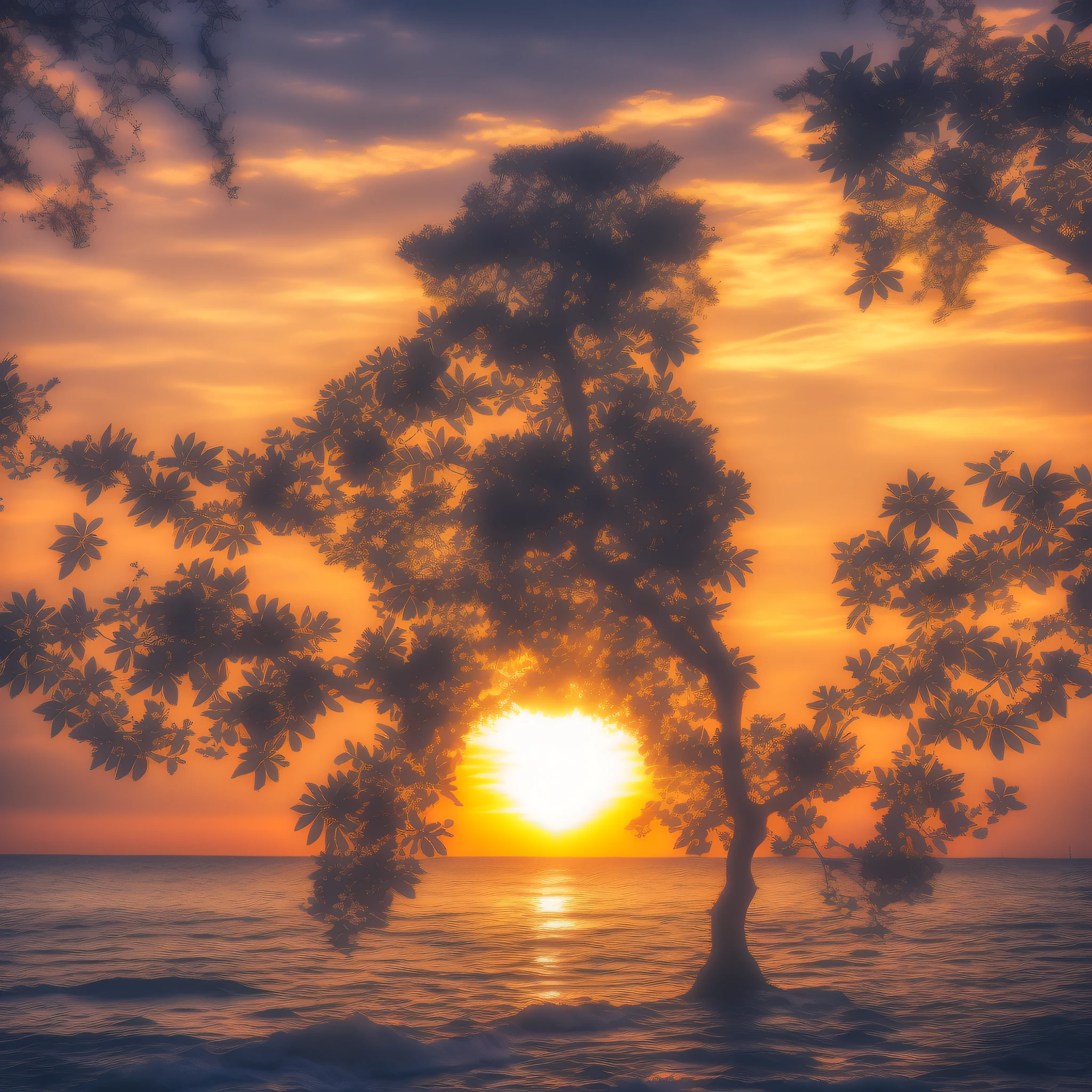 sunset over the ocean with a tree silhouetted against the sky, sunrise, audince in awe, sun rise, sunset, the bodhi tree at sunset, sun rising, at sunrise, sunset atmosphere, sun glare, sunset sinrise, golden hour intricate, sun drenched, sunset glow, sun sunset, sunsest golden hour, sunset light, morning golden hour