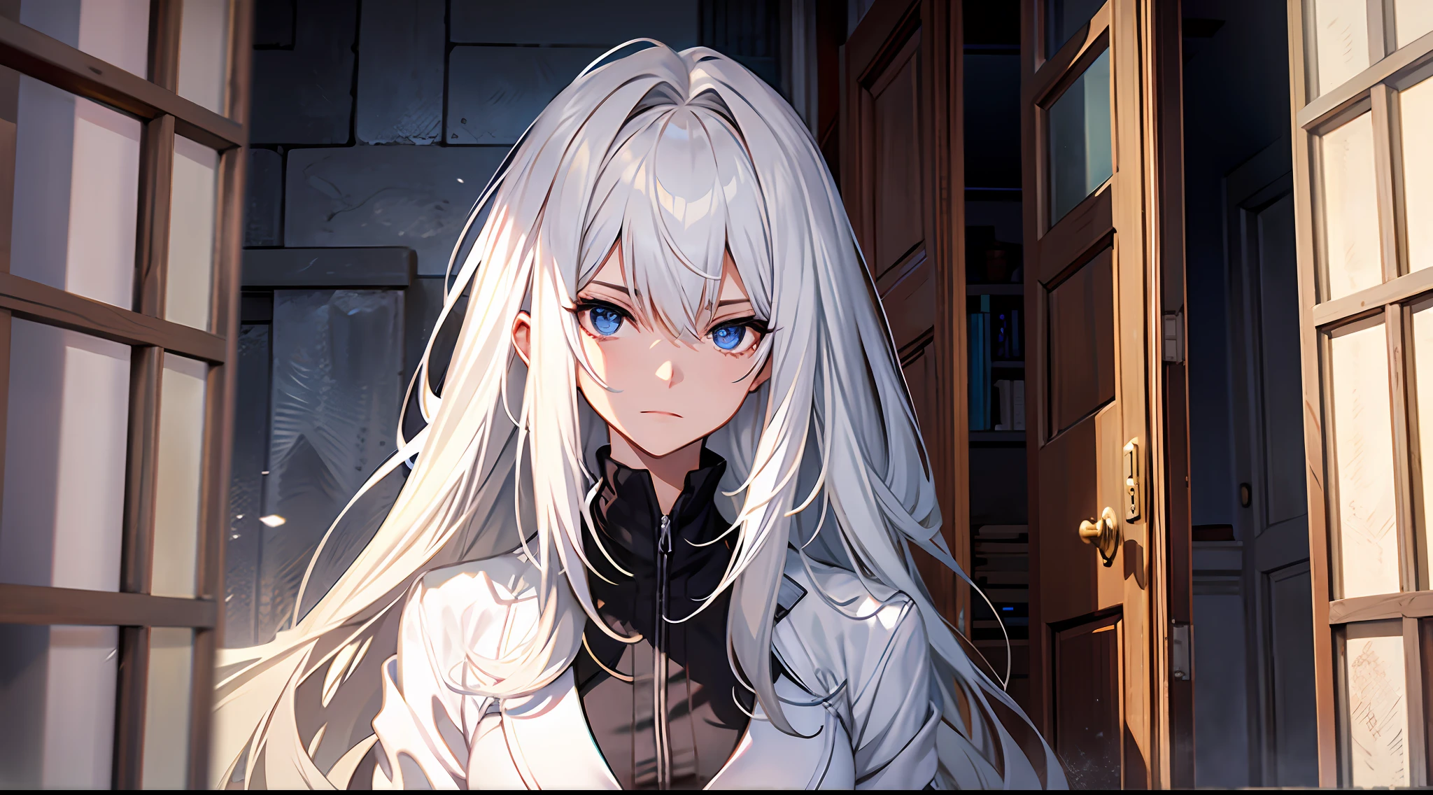 Masterpiece, best quality, girl, long white hair, weak, open doors