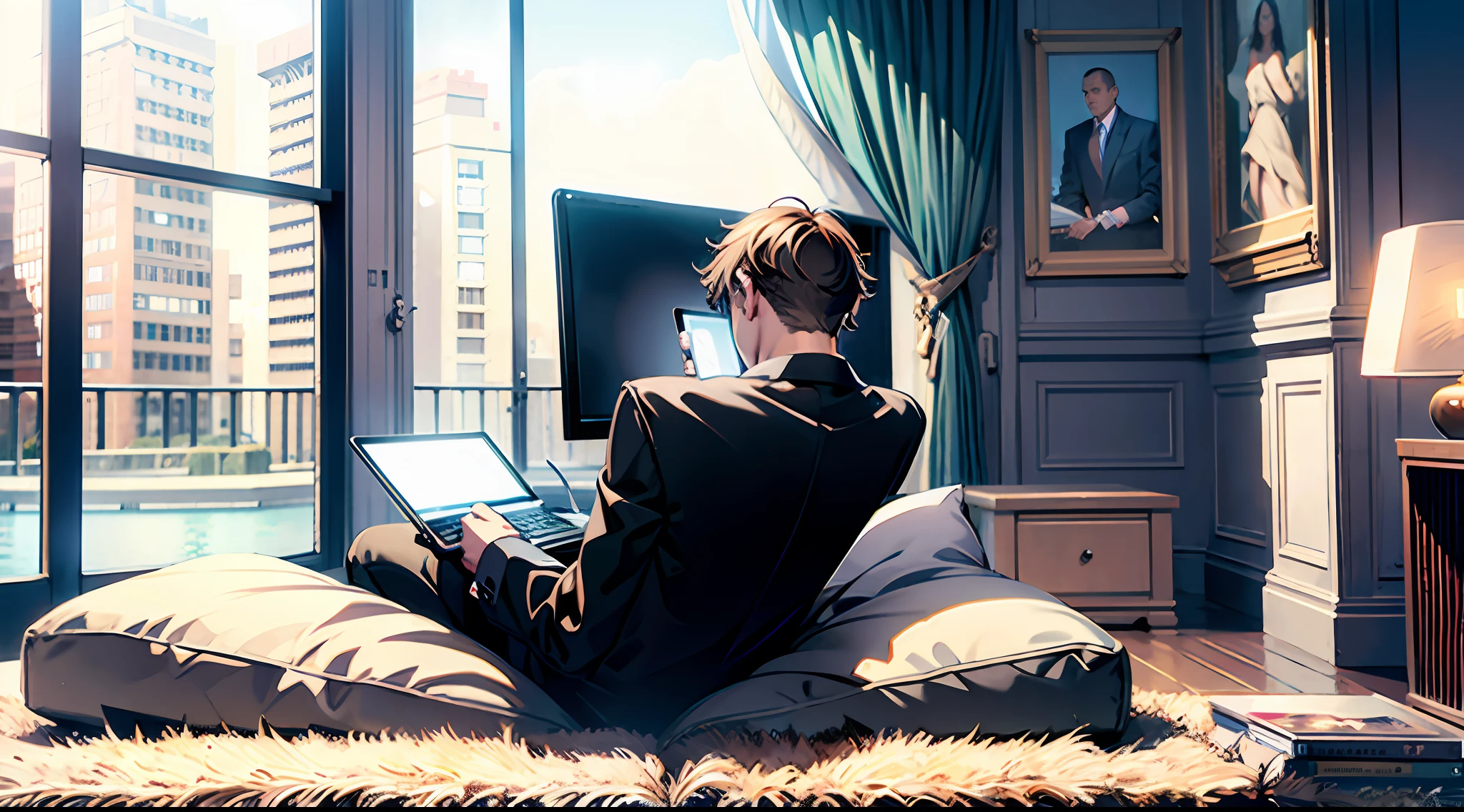 Masterpiece, best quality, man, sofa, expression indifference, laptop