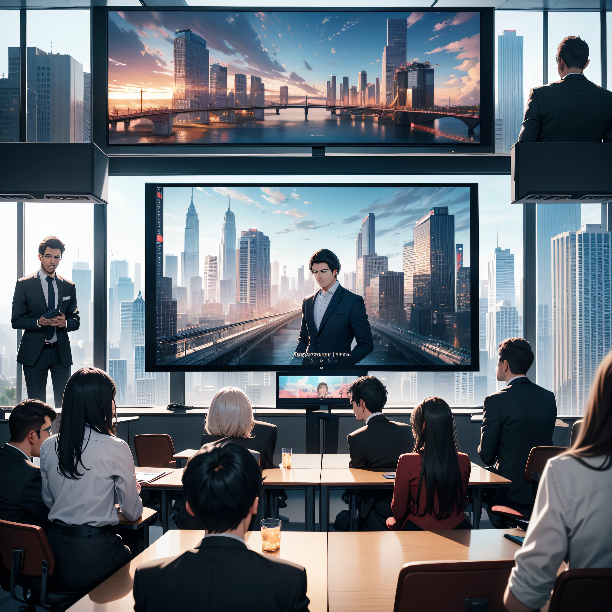 Absurd resolution, high resolution, (masterpiece: 1.4), hyper-detail, oversized conference room, screen, a group of men and women in suits, very angry expressions