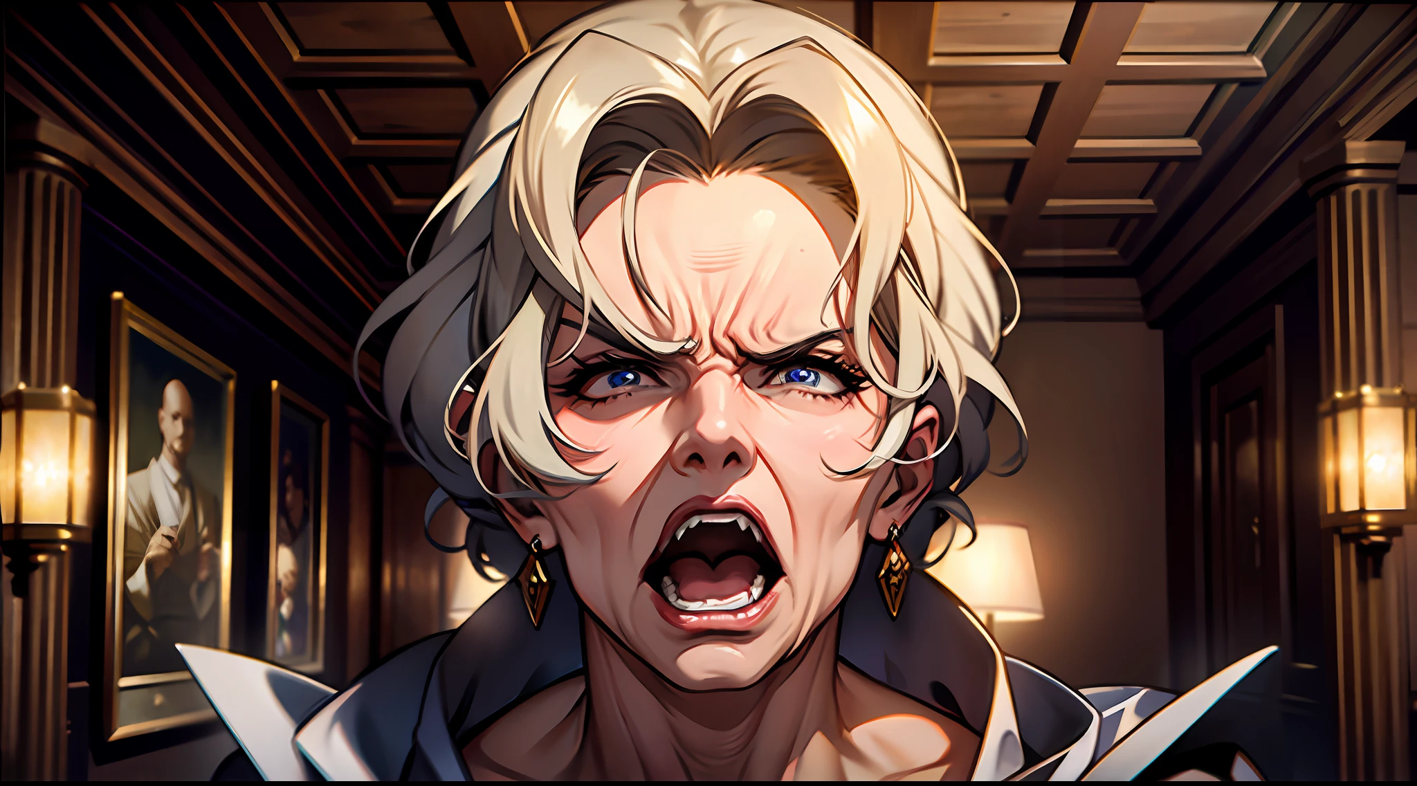 Masterpiece, best quality, 60-year-old woman, angry, swearing, luxurious hall