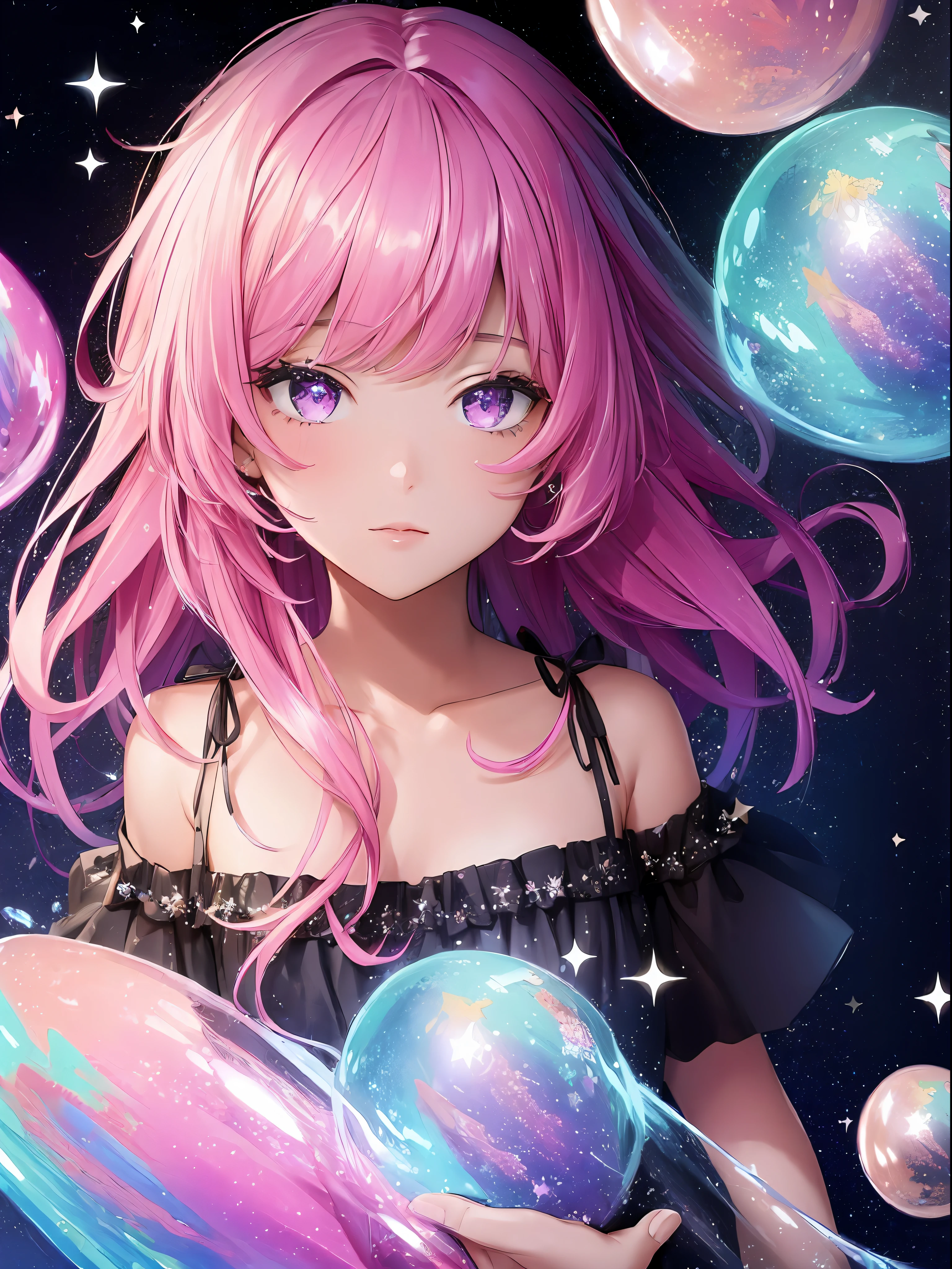 (high quality masterpiece:1.5), 1girl, black dark-skinned, pink hair, glitter, stars, bubble, violet eyes