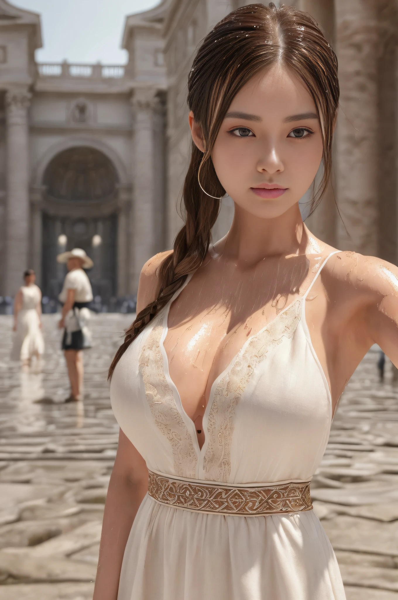 (Highly detailed CG unity 8k wallpaper)(masterpiece)(best quality)(super detail)(best illustration)(best shadow)(photorealistic:1.1)(PureErosFace_V1:0.5),(Korean cute girl),(Korean sexy woman),(Taiwanese gorgeous),Real human skin, Lens flare, Shade, Backlit,(Natural light), Film Grain,((1 girl)),Ultra High Definition,(Detailed Eyes:1.4),Brown Eyes, Seductive Smile,Cute,(Solo Focus),(Brown Hair),((Short Hair with Low Braided Ponytail Tied at the Back)),((White Summer Sunrise Embroidered Linen Maxi Dress)),((White Chinese Tang Costume amice),((Big),( Cowboy Shot),(Full Body Selfie),(Medium Shot),Background Blur,18 years old,(Solo)),(Glossy skin),Wearing Diamond Necklace,(Look at the beholder),(Facing Front),(Night),((Big)),(Full),(Wet),(Sweaty)(Squinting:0.8),(Show cleavage),(St. Peter's Basilica),Vatican City,( Cathedral Indoors),(Ancient Roman style),(pout:0.3),(happy512:0.5),(beautiful_mistake-8500:0.5),(close moths)