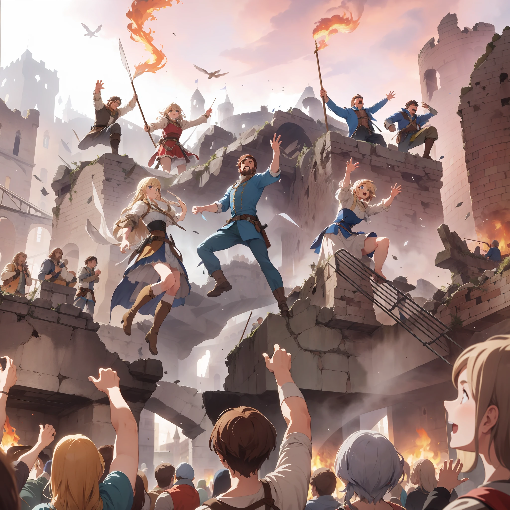 In the European Middle Ages, castles were smashed by rebellious crowds, three men stood high to boost the morale of the masses, and the crowd below raised their hands and cheered. The ruins of the castle still burn with flames.