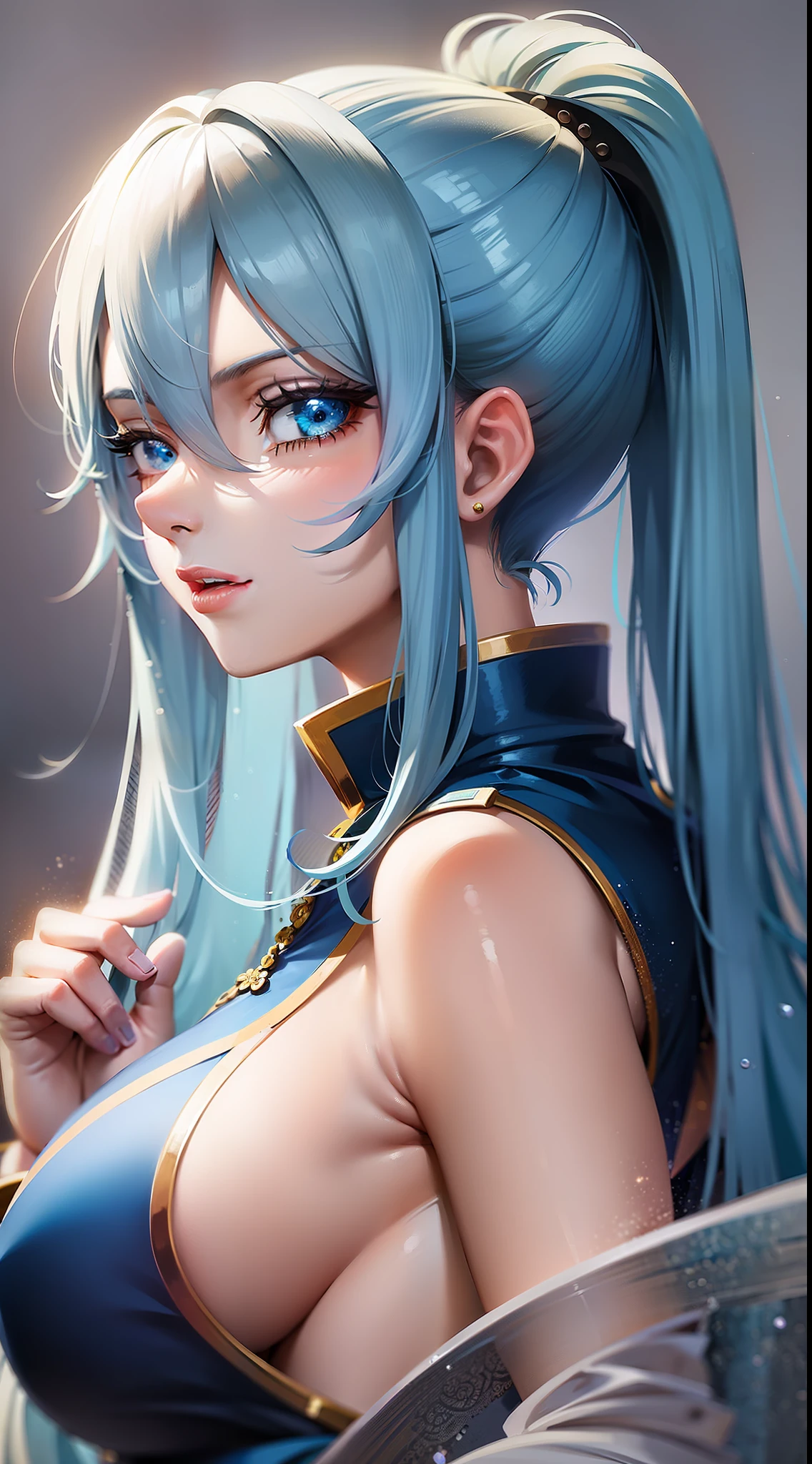 Adult girl, long blue hair with white strands, high ponytail, cyan eyes, blue and white sleeveless Chinese dress, fan, gold jewelry, serious look, security guards, masterpiece, high quality