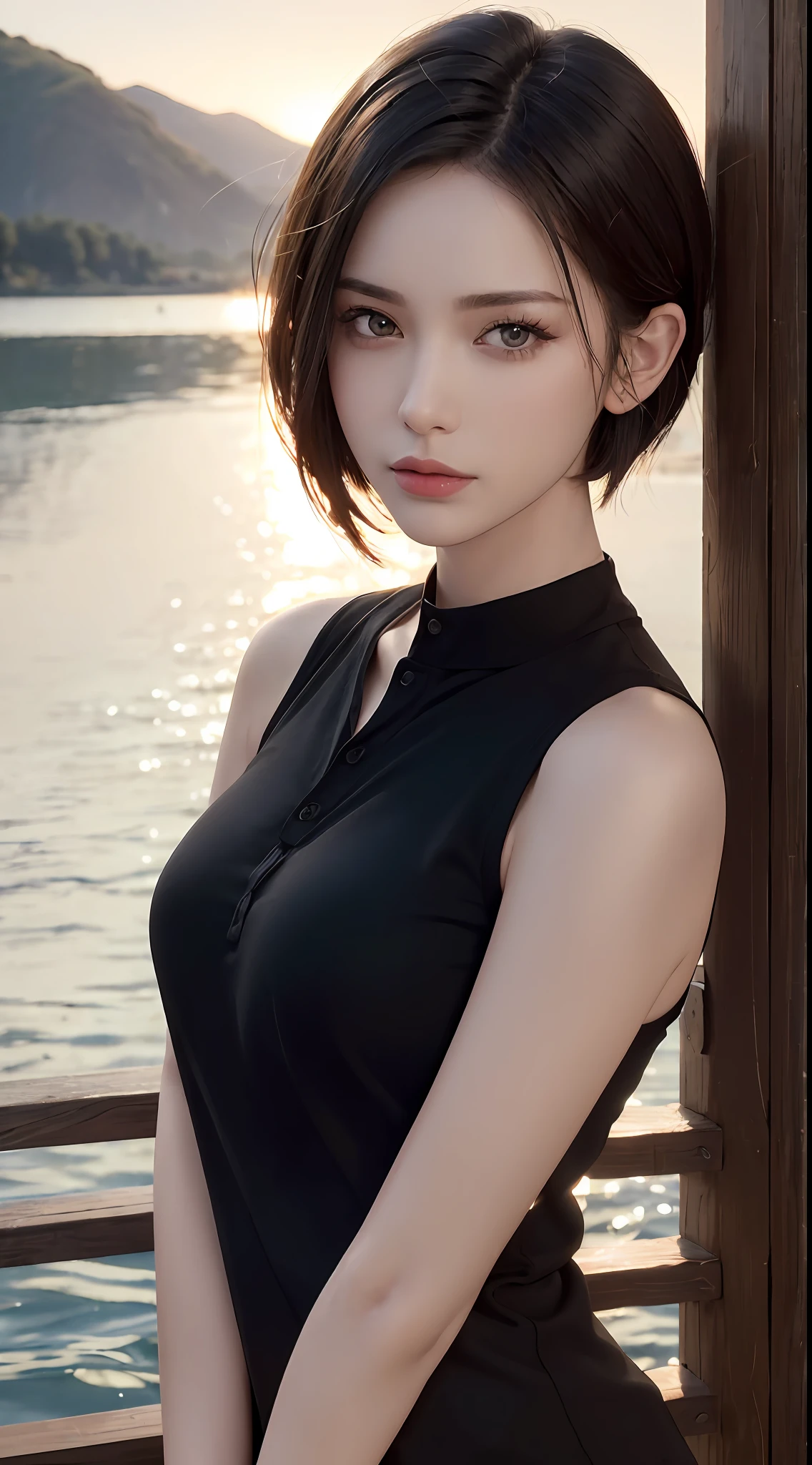 (RAW photo, high resolution, best quality, masterpiece:1.3), (realistic detailed, hyperrealistic, photorealistic: 1.2), shot by Canon EOS R6, Sharp focus, f/1.8, portrait, 1girl, very delicate and beautiful, beautiful detailed girl, very detailed eyes and face, triangular face, beautiful detailed eyes, (slender figure, thin waist), ((black henley shirt)), natural makeup, shiny lips, swept side stylish short hair, perfect style, (outdoor, dramatic lighting, rim lighting, lake, sunset ambient), cg, ultra-realistic, highest quality, super detailed