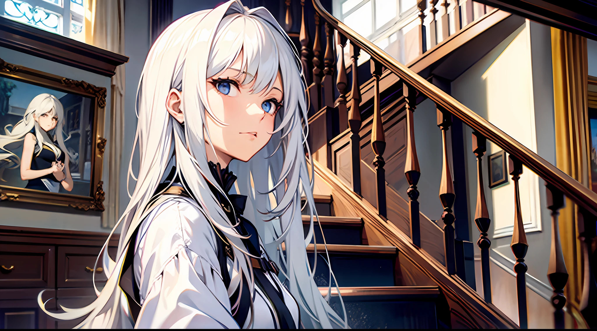 Masterpiece, best quality, girl, long white hair, up stairs, living room, expression indifference, back