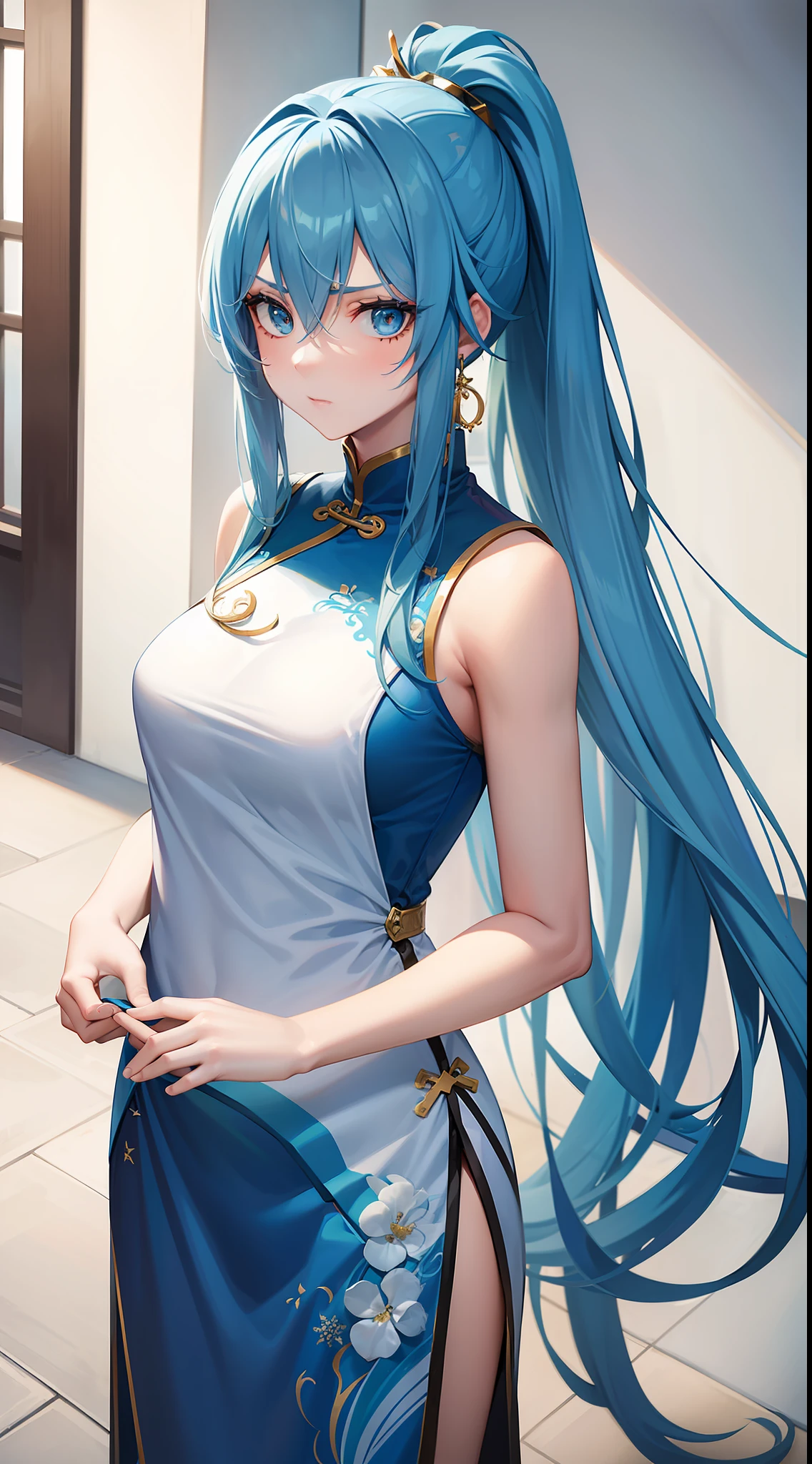 Adult girl, long blue hair with white strands, high ponytail, cyan eyes, blue and white sleeveless Chinese dress, fan, gold jewelry, serious look, security guards, masterpiece, high quality