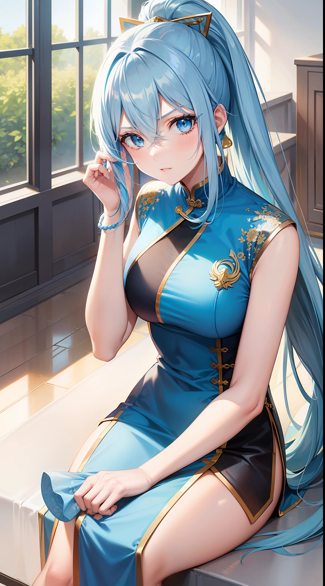 Adult girl, long blue hair with white strands, high ponytail, cyan eyes, blue and white sleeveless Chinese dress, fan, gold jewelry, serious look, security guards, masterpiece, high quality