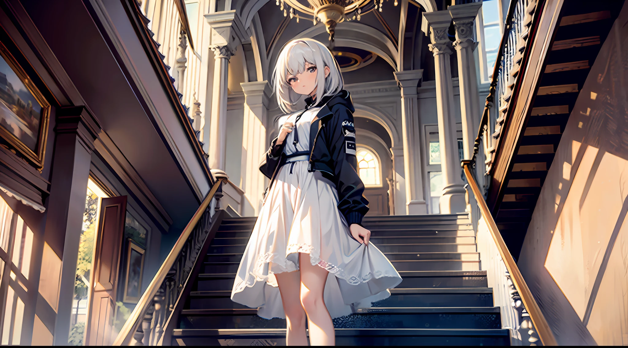 Masterpiece, best quality, girl, long white hair, down stairs, living room, front