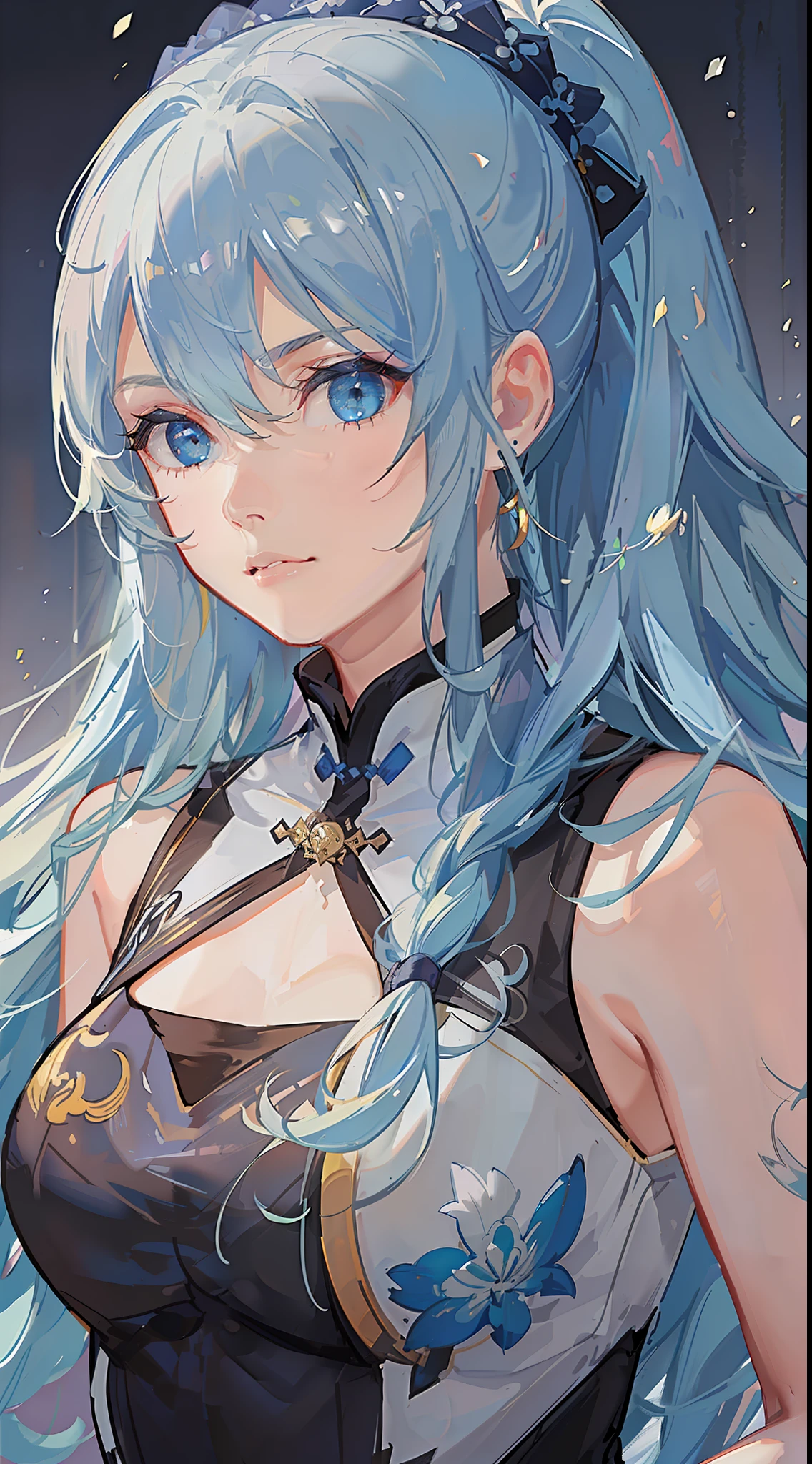 Adult girl, long blue hair with white strands, high ponytail, cyan eyes, blue and white sleeveless Chinese dress, fan, gold jewelry, serious look, security guards, masterpiece, high quality