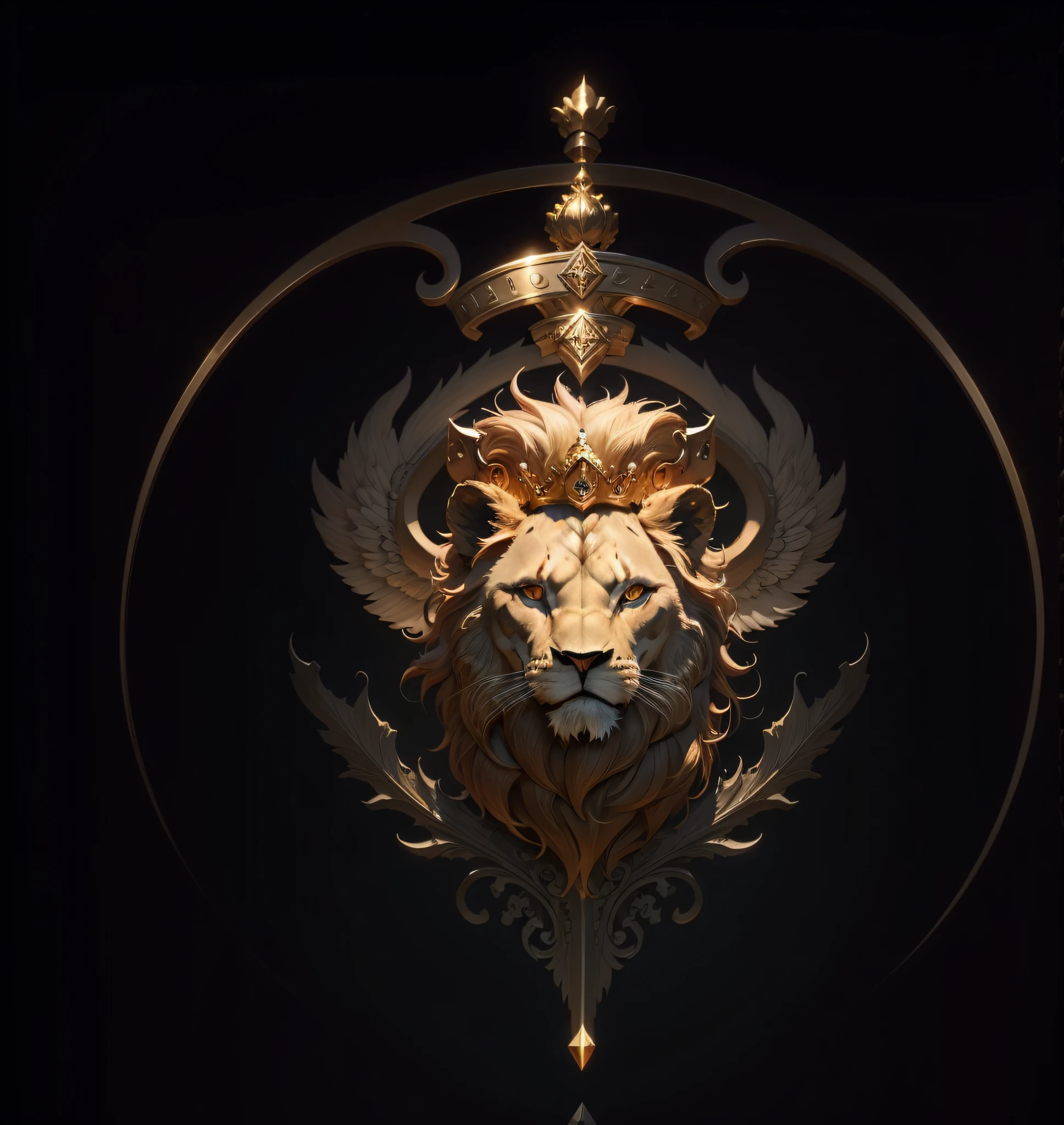 Masterpiece, best quality, (very detailed CG unified 8k wallpaper), (best quality), (best illustration), (best shadow), lion head, fierce, fierce lion head, crown, coat of arms, atmosphere, wings --auto --s2