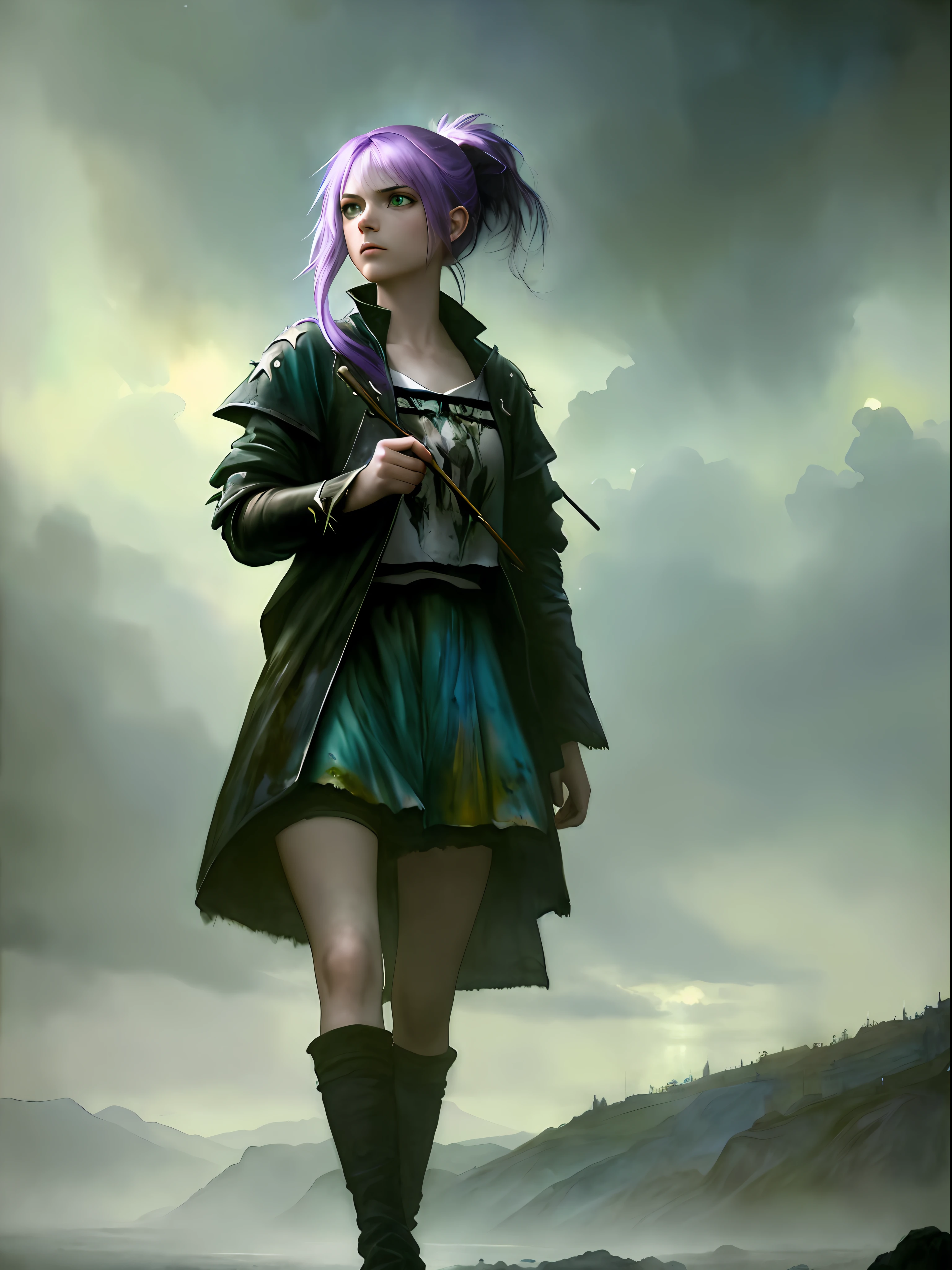 (masterpiece), anime, (photo_\(medium\):1.0), by Antonio J. Manzanedo, by Jeremy Lipking, 1girl, lightning, in a surreal landscape, painting style with watercolor, brushstrokes, green eyes, ponytail, purple hair, punk clothes, urban mage style