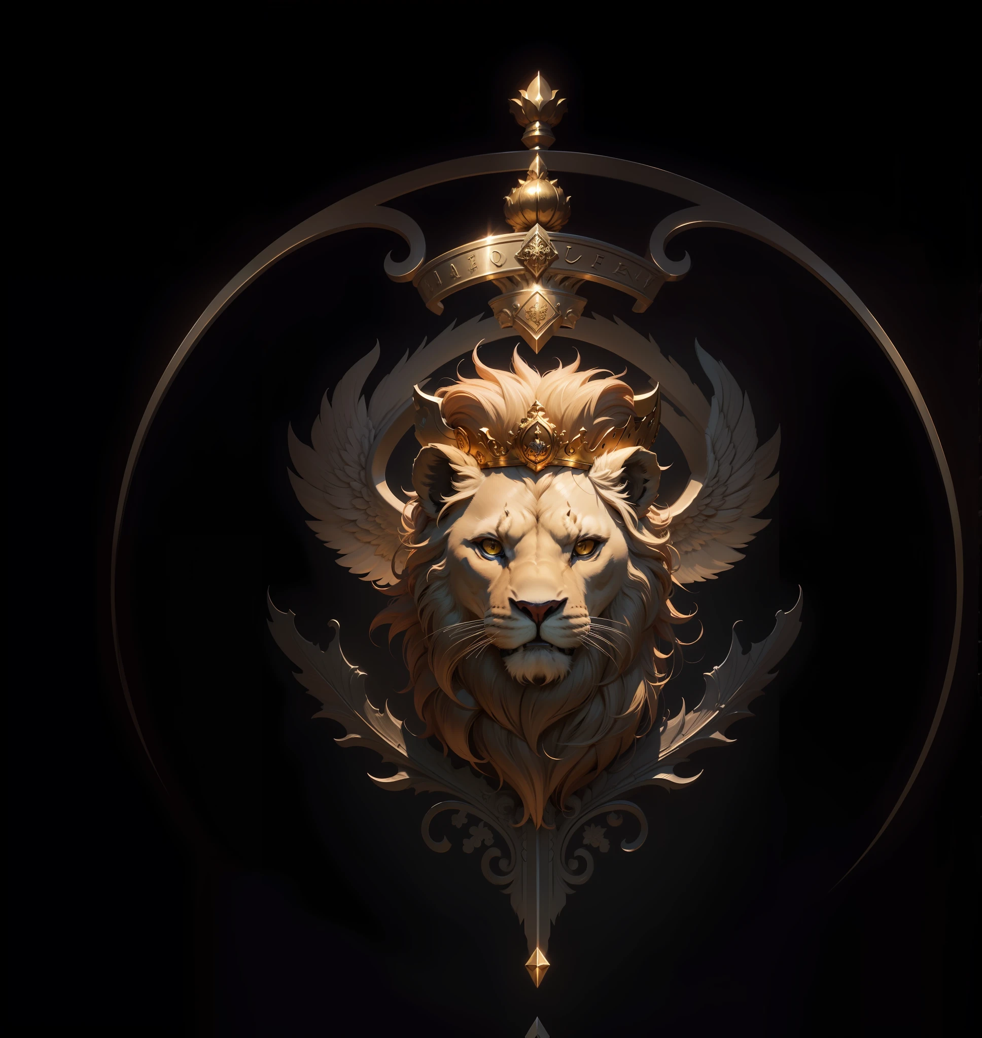 Masterpiece, best quality, (very detailed CG unified 8k wallpaper), (best quality), (best illustration), (best shadow), lion head, fierce, fierce lion head, crown, coat of arms, atmosphere, wings --auto --s2
