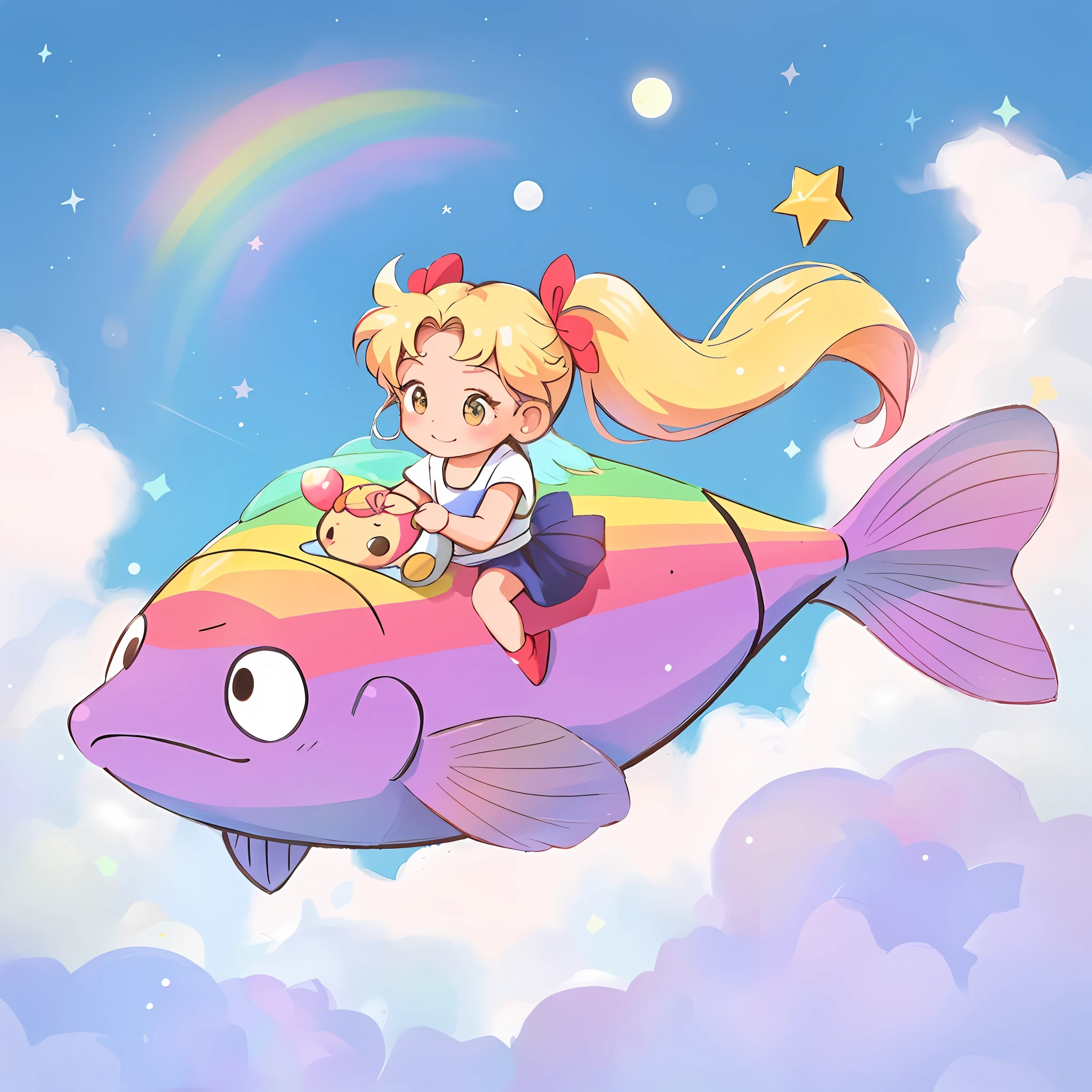 In the artistic style of Caroline Chariot-Dayez, a girl riding a fish is depicted. She holds the moon and has an ethereal, bright rainbow umbrella. Her image is derived from the cartoonized representation of Sailor Moon, Star Butterfly, and 🚀🌈🤩 Loish Van Barr. The work is a fan work by Lisa Frank, produced by Kubisi Art, high quality and officially licensed.