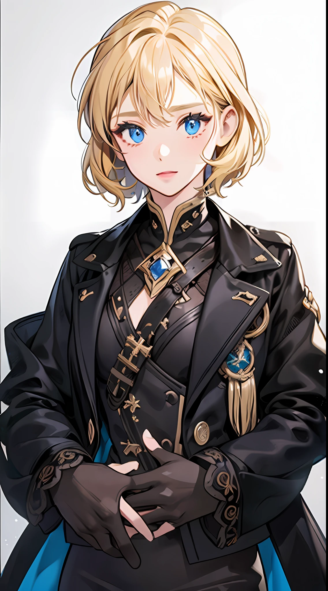 A girl with short blonde hair in a black jacket and blue eyes, looking at the camera, front, (white background), standing painting, attention to detail, highest quality,