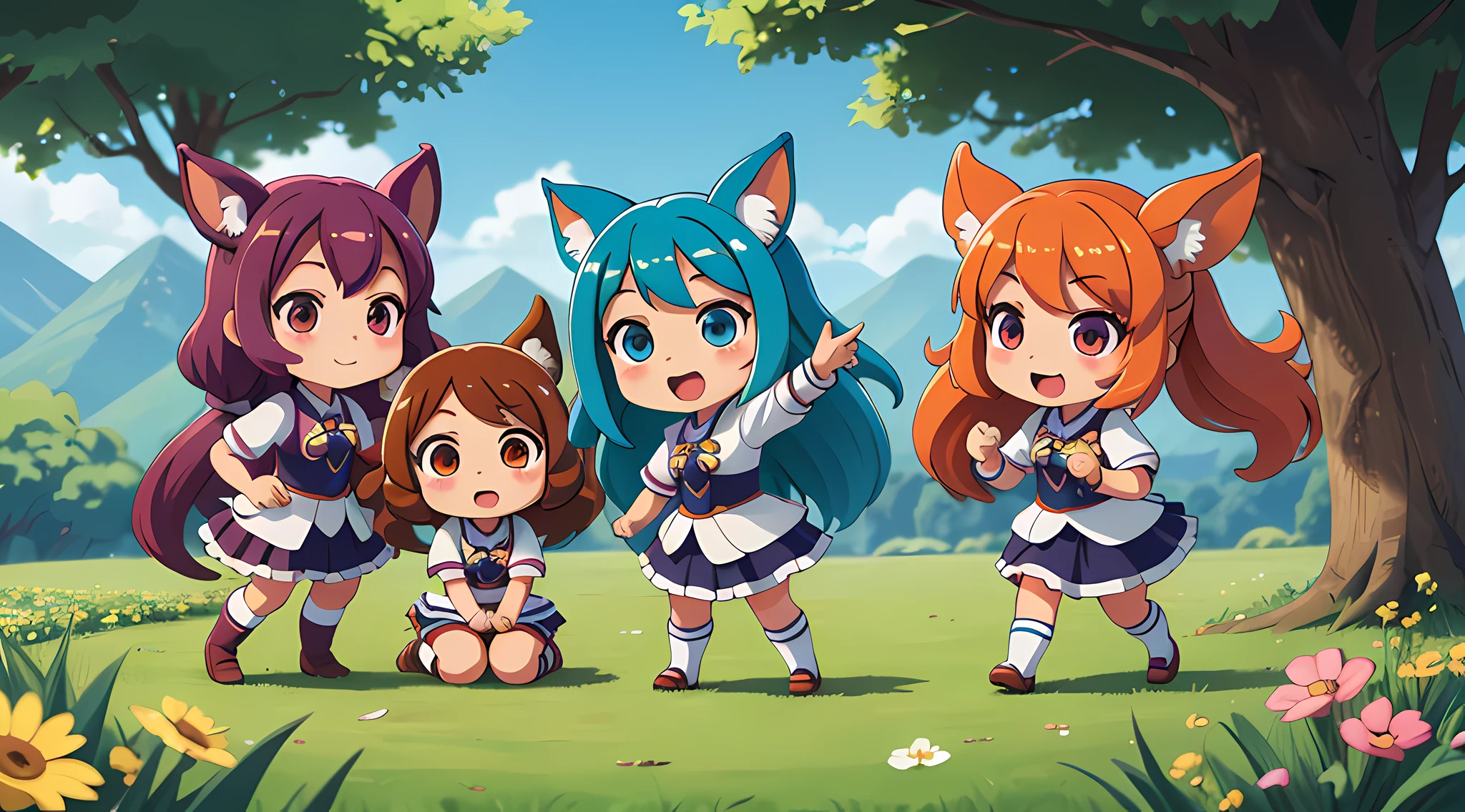 High Quality, Wallpaper, 4 People, Chibi Chara, Uma Musume, Uma Yuru, Nice Nature, Machikane Tanhuiza, Twin Turbo, Ichnodictus