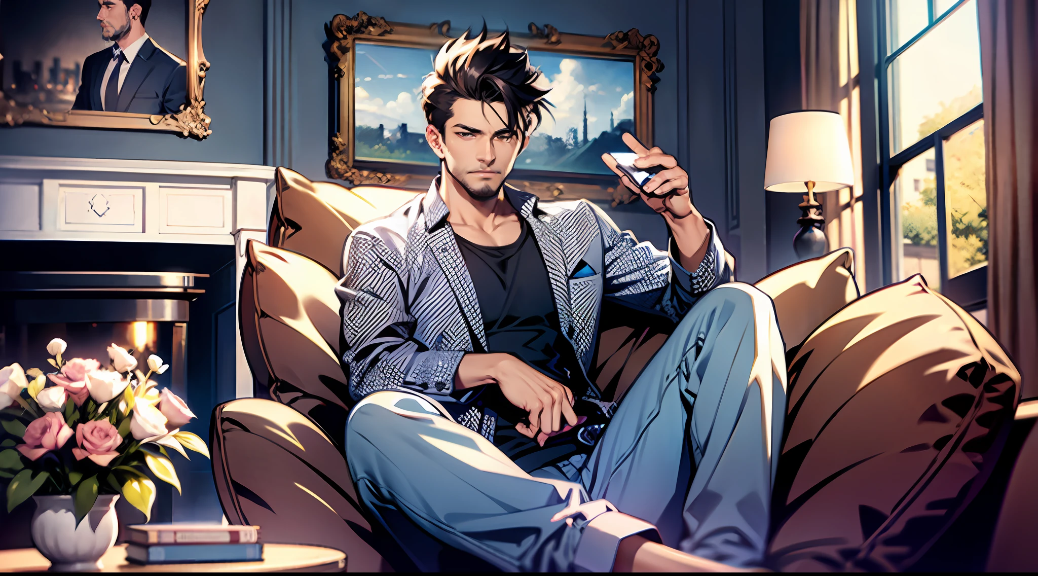 Masterpiece, the best quality, men, living room, indifferent expression,