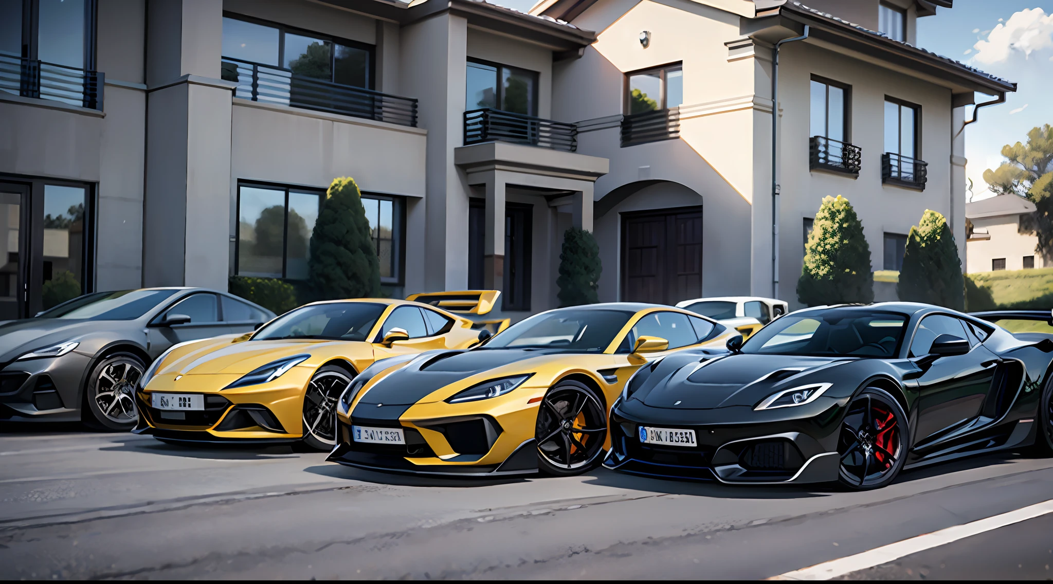 Masterpiece, of the best quality, a row of sports cars, parked in front of the house. Luxury cars