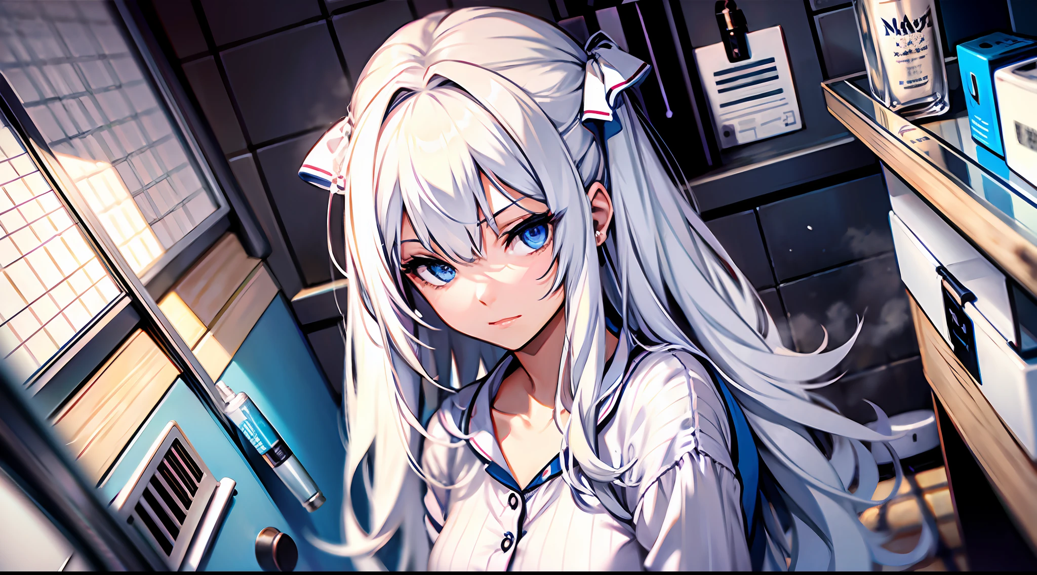 Masterpiece, best quality, girl, long white hair, in pajamas, in the toilet, spray perfume