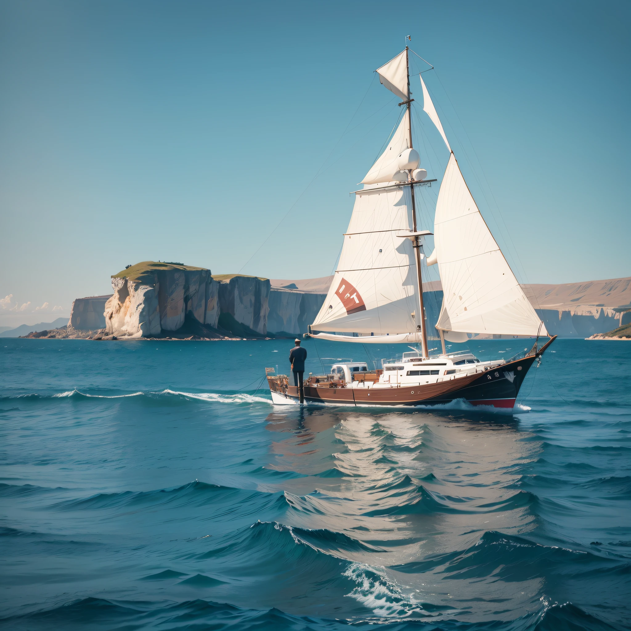 There is a sailboat parked on the sea, the bow direction is to the right, (there is a man standing on the bow 0.6), looking into the distance, --auto --s2