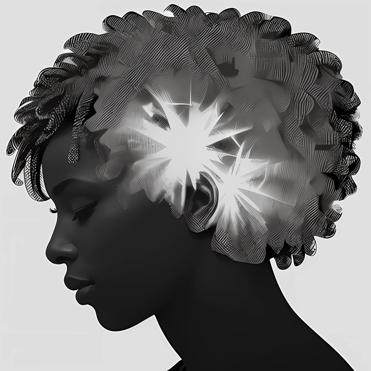 Sticker, black and white, Double exposure profile of a black woman made of an African landscape, white background
